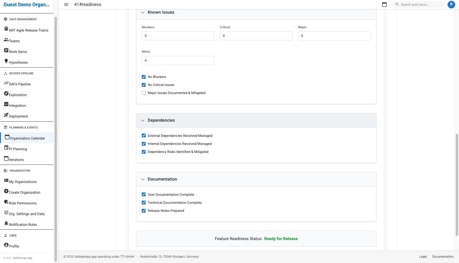 Feature readiness assessment form showing input fields for tracking issues, dependencies, and documentation status