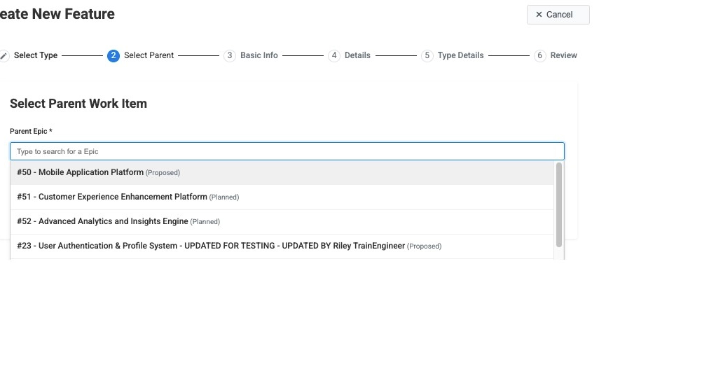 Parent Epic selection interface showing required Epic association