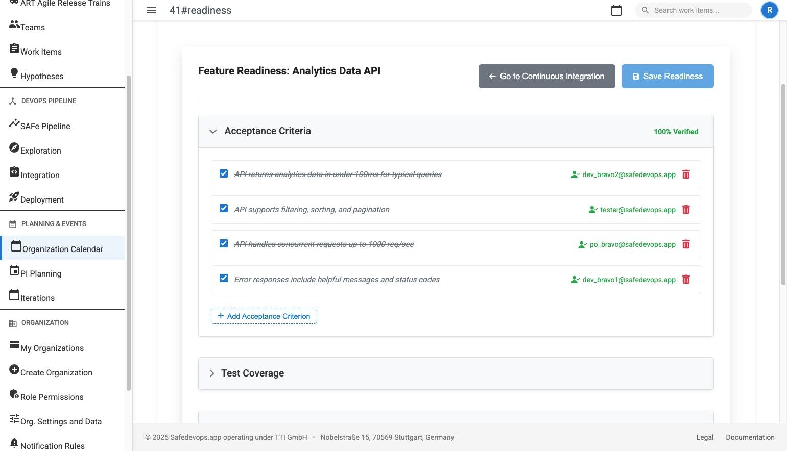 Feature readiness assessment overview showing status indicators and progress tracking