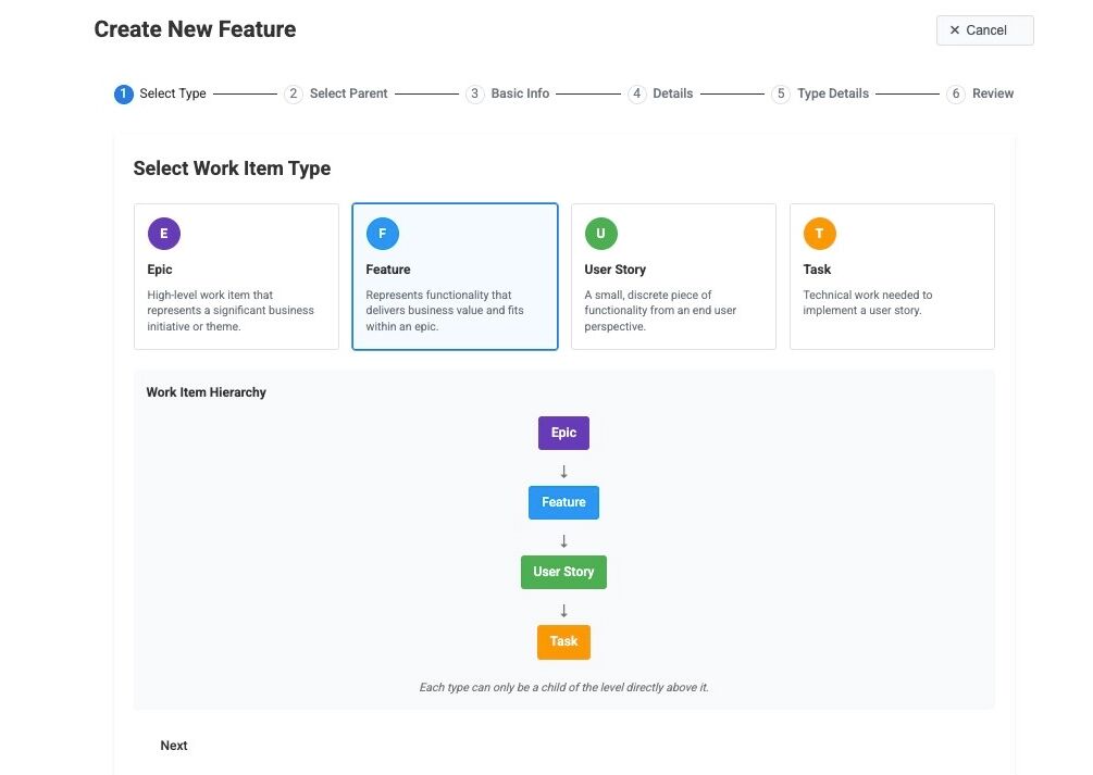 Work item creation wizard with Feature type highlighted