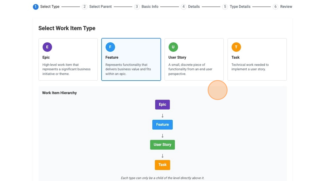 Work item creation wizard with Feature type highlighted