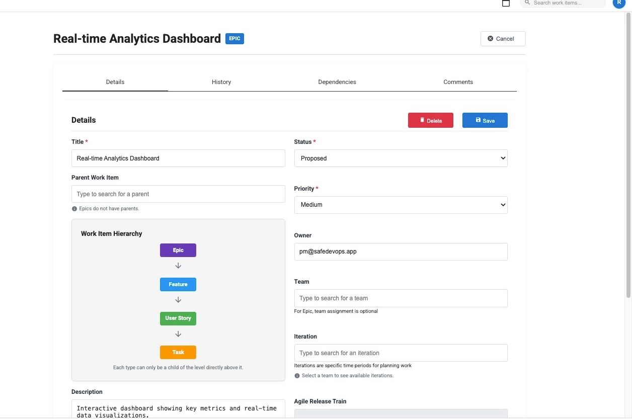 Sample feature detail view showing comprehensive information and readiness assessment