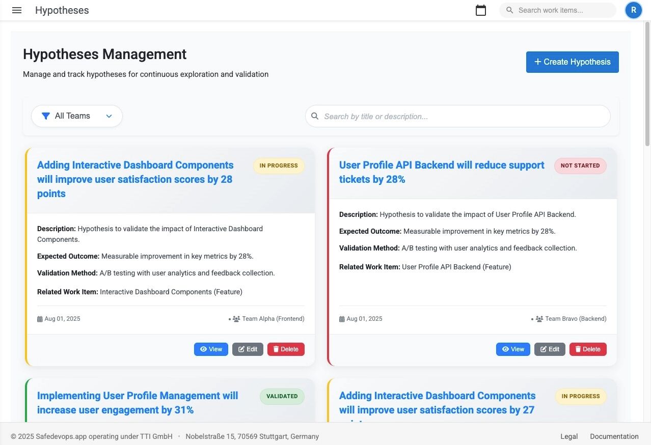 Hypotheses management dashboard showing a list of hypotheses with filtering options.