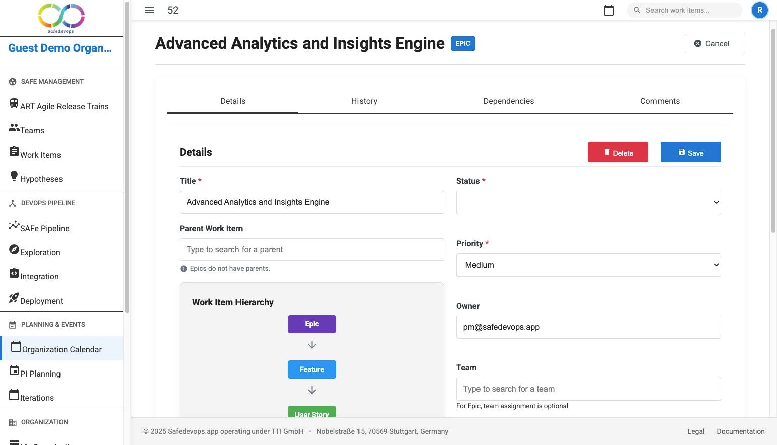 View existing Epics in the work items list
