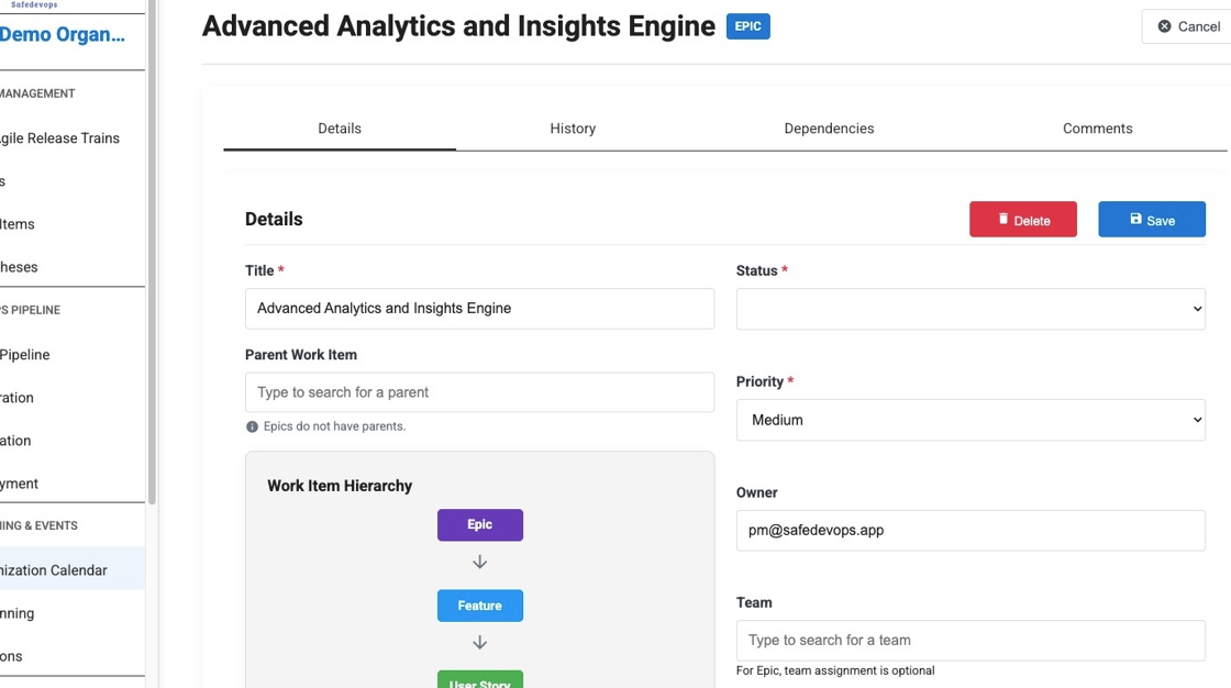 View existing Epics in the work items list