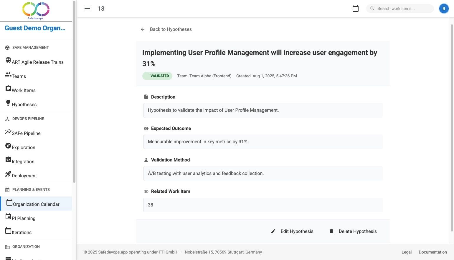 Detailed view of a single hypothesis, showing its properties and associated work items.