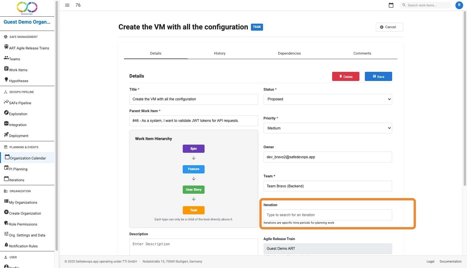 Work item dependencies interface showing dependency relationships and management controls