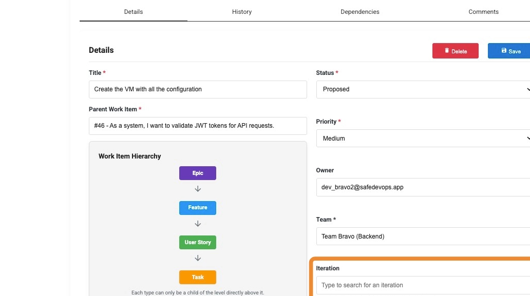 Work item dependencies interface showing dependency relationships and management controls