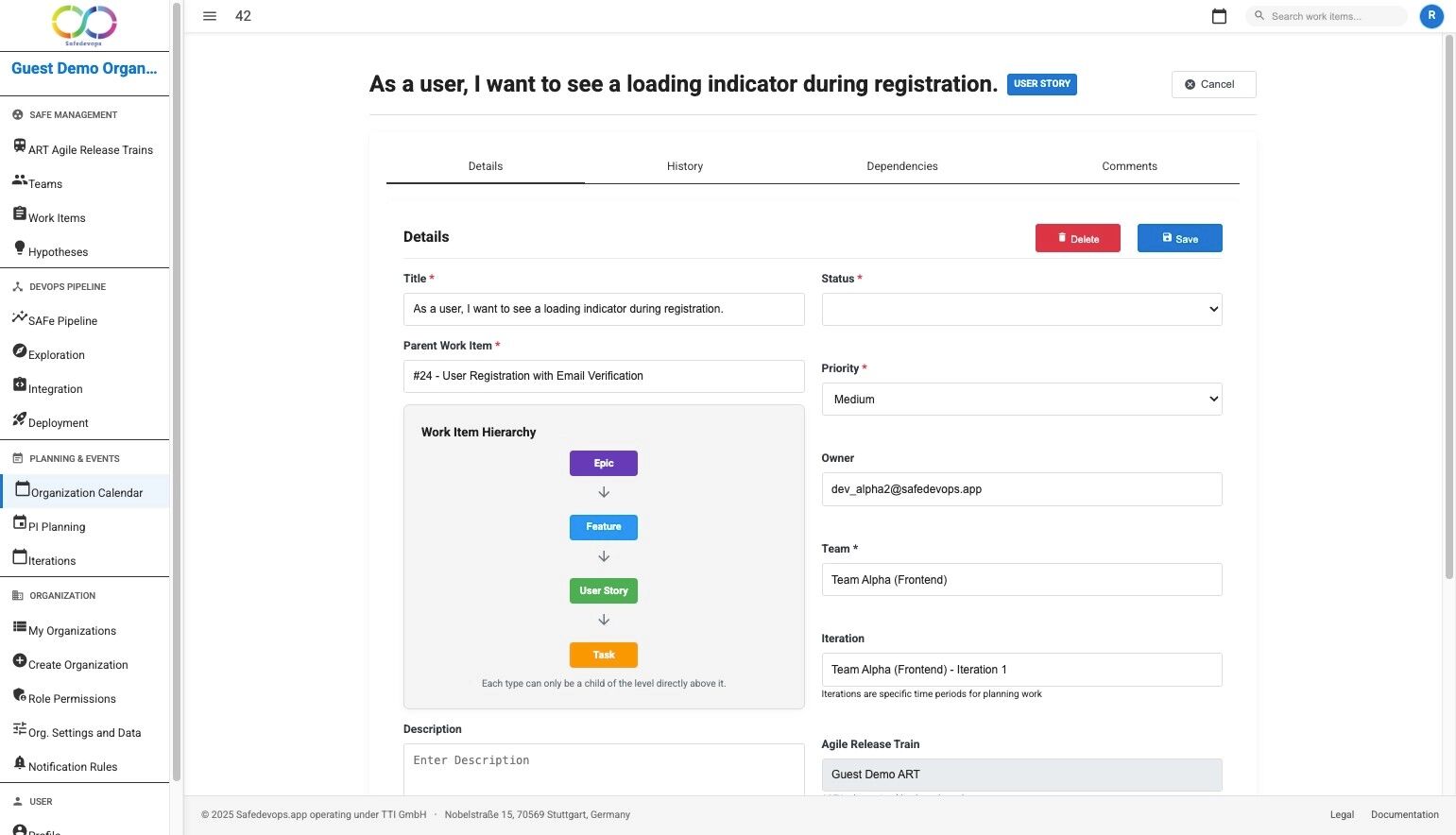 Example of a User Story showing title, description, status, and team assignment