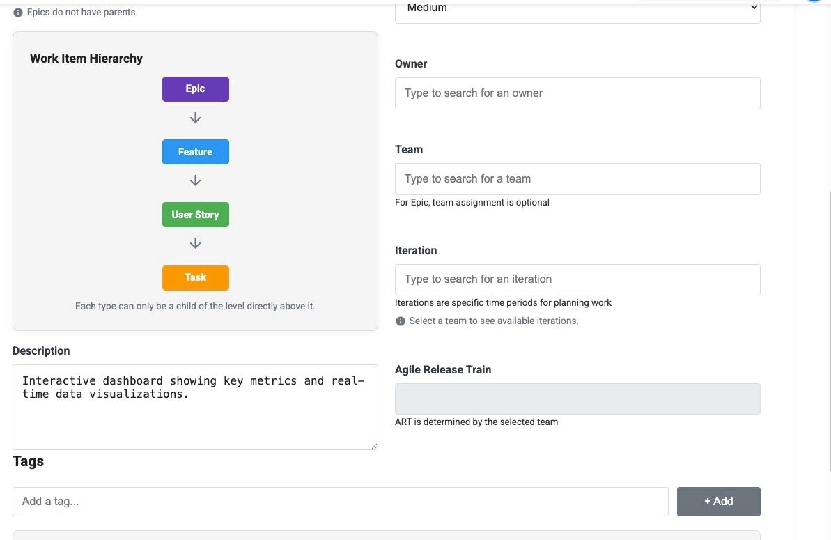 Epic details form showing team, iteration and ART fields left blank