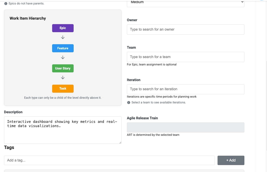 Epic details form showing team, iteration and ART fields left blank