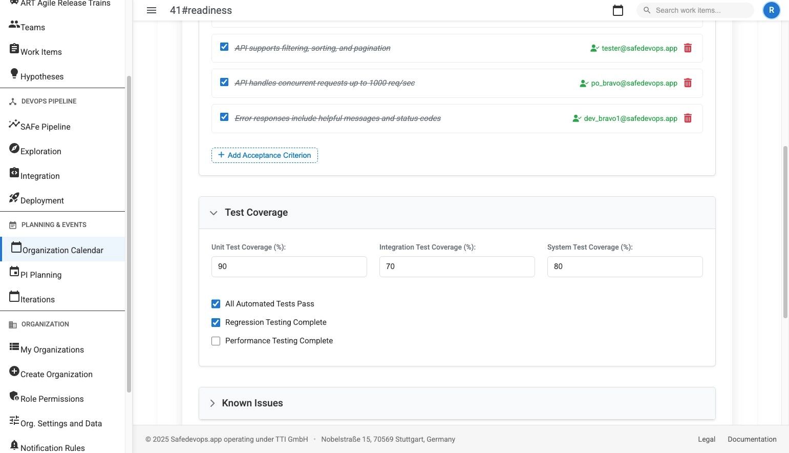Test coverage dashboard showing unit, integration, and system test coverage with progress bars