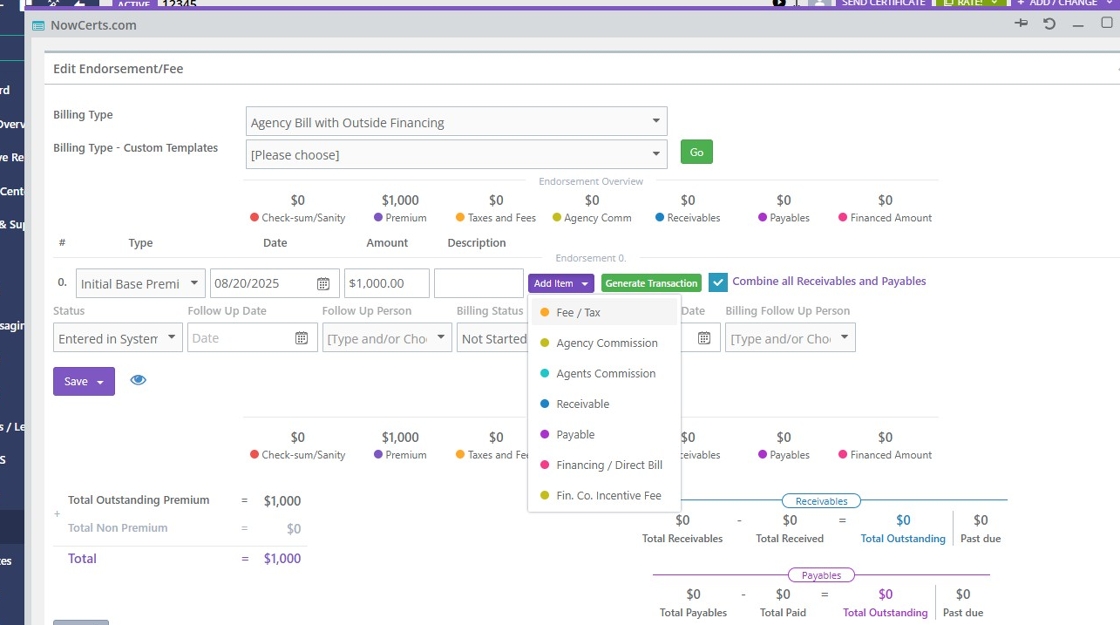 Fee / Tax selector and amount field