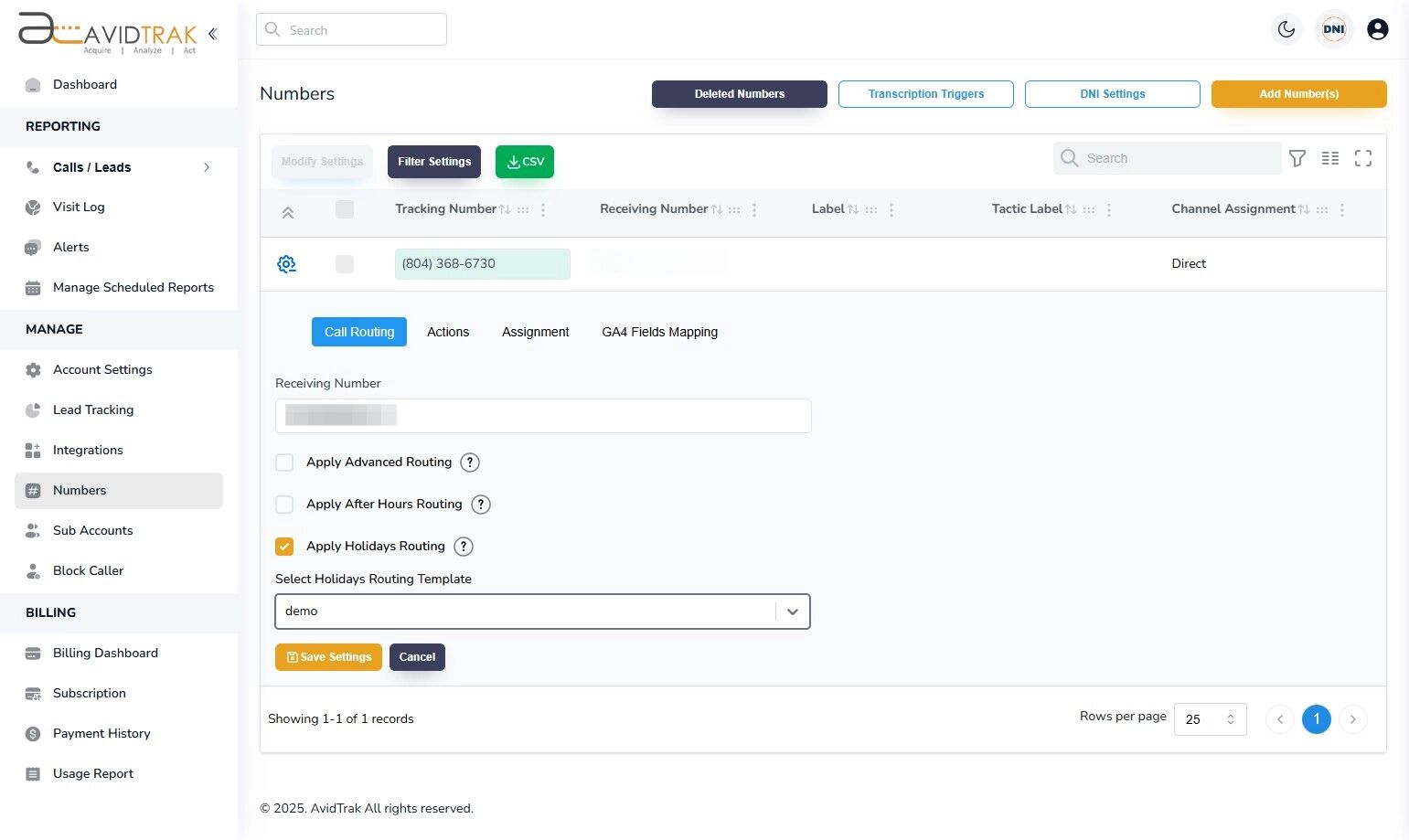 Holidays Routing numbers setting