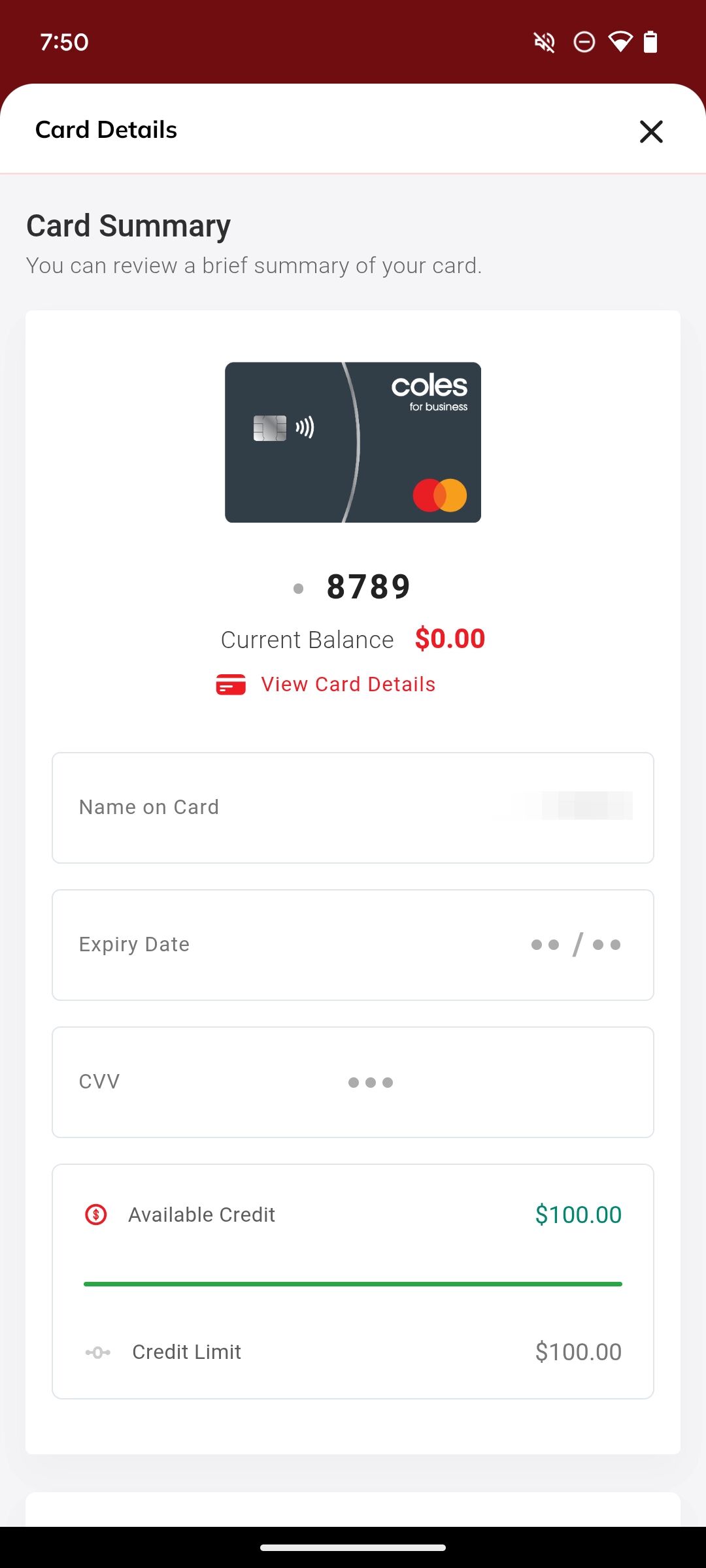 View Card Details screen