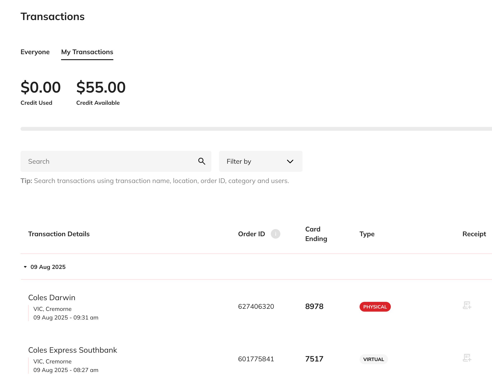 All transactions screenshot