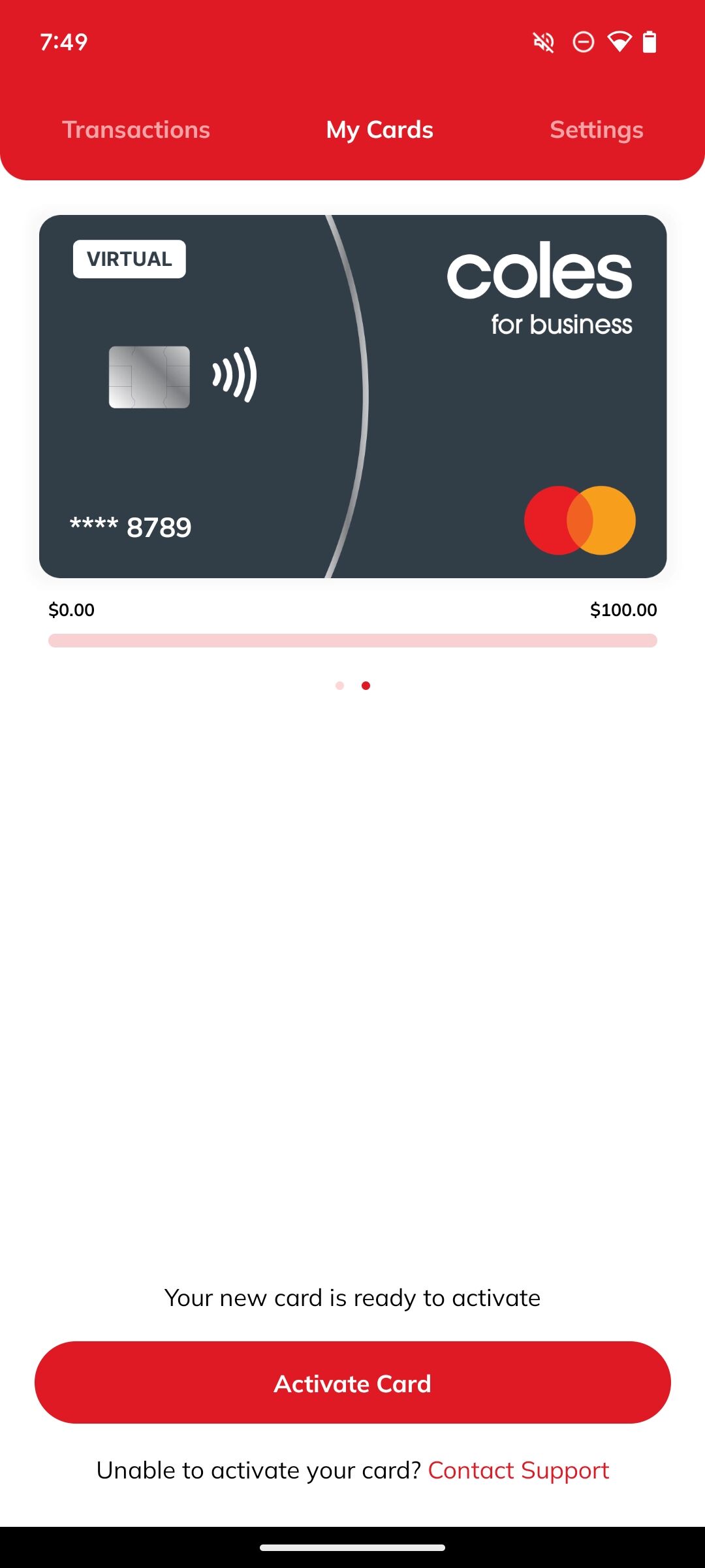 Activate card button
