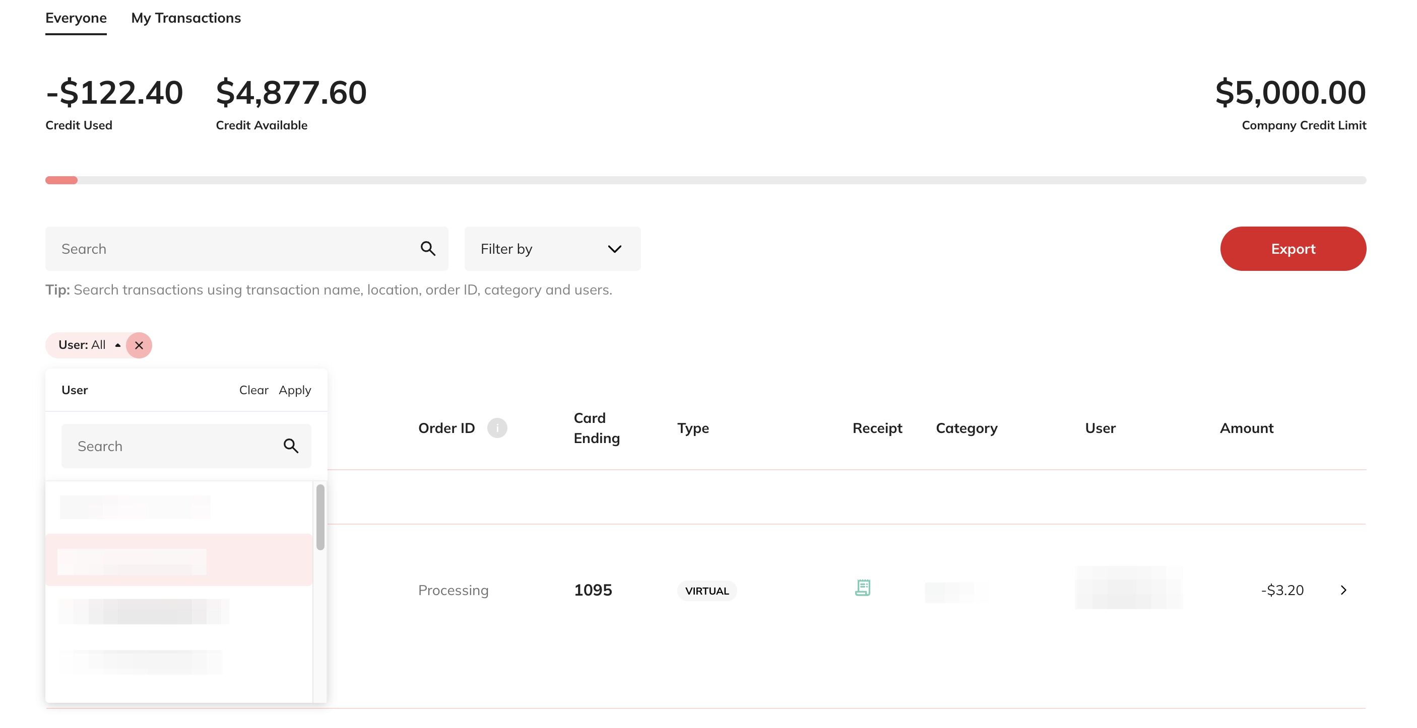 Users filter screenshot