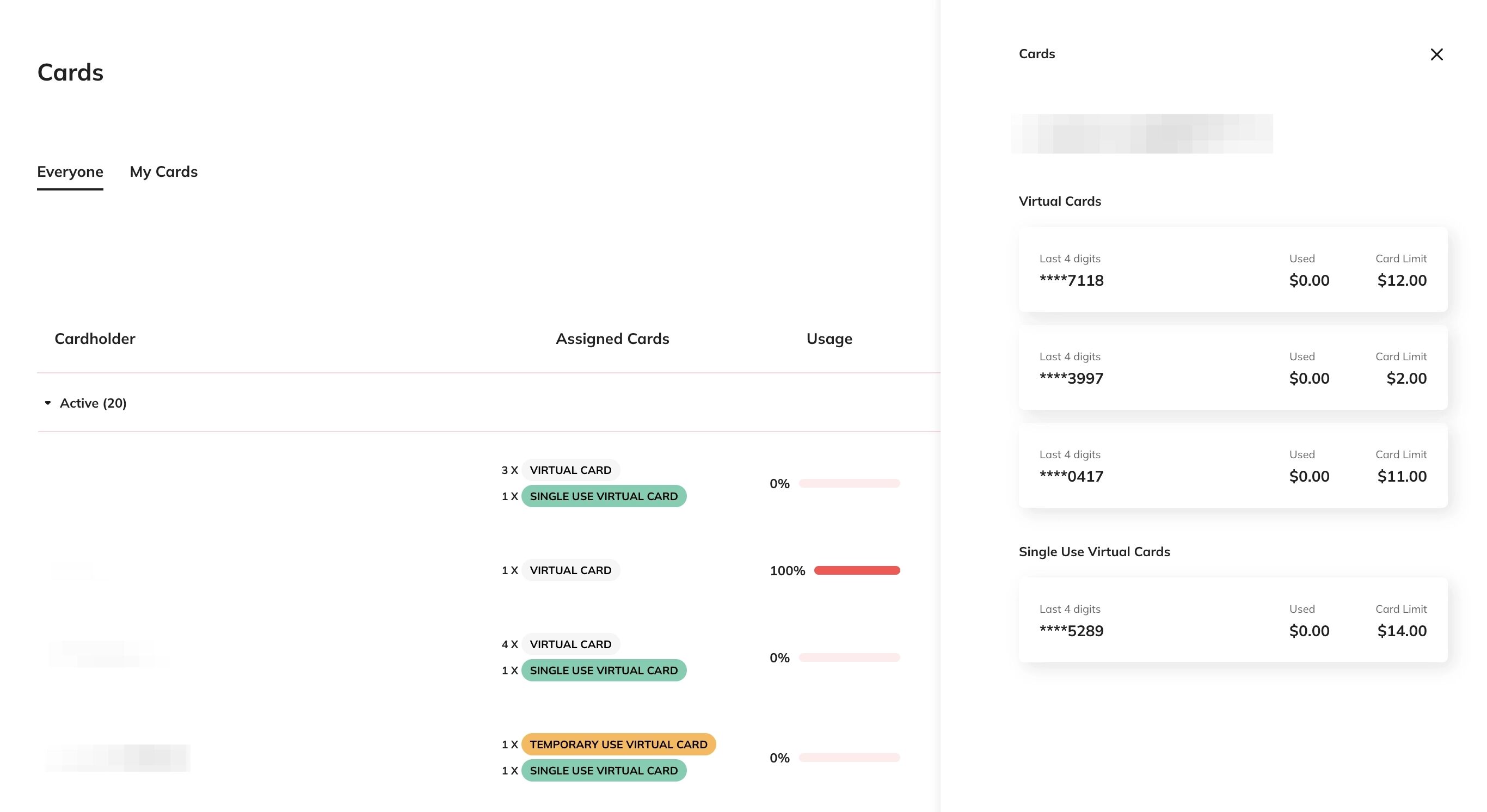 Select user and card screenshot