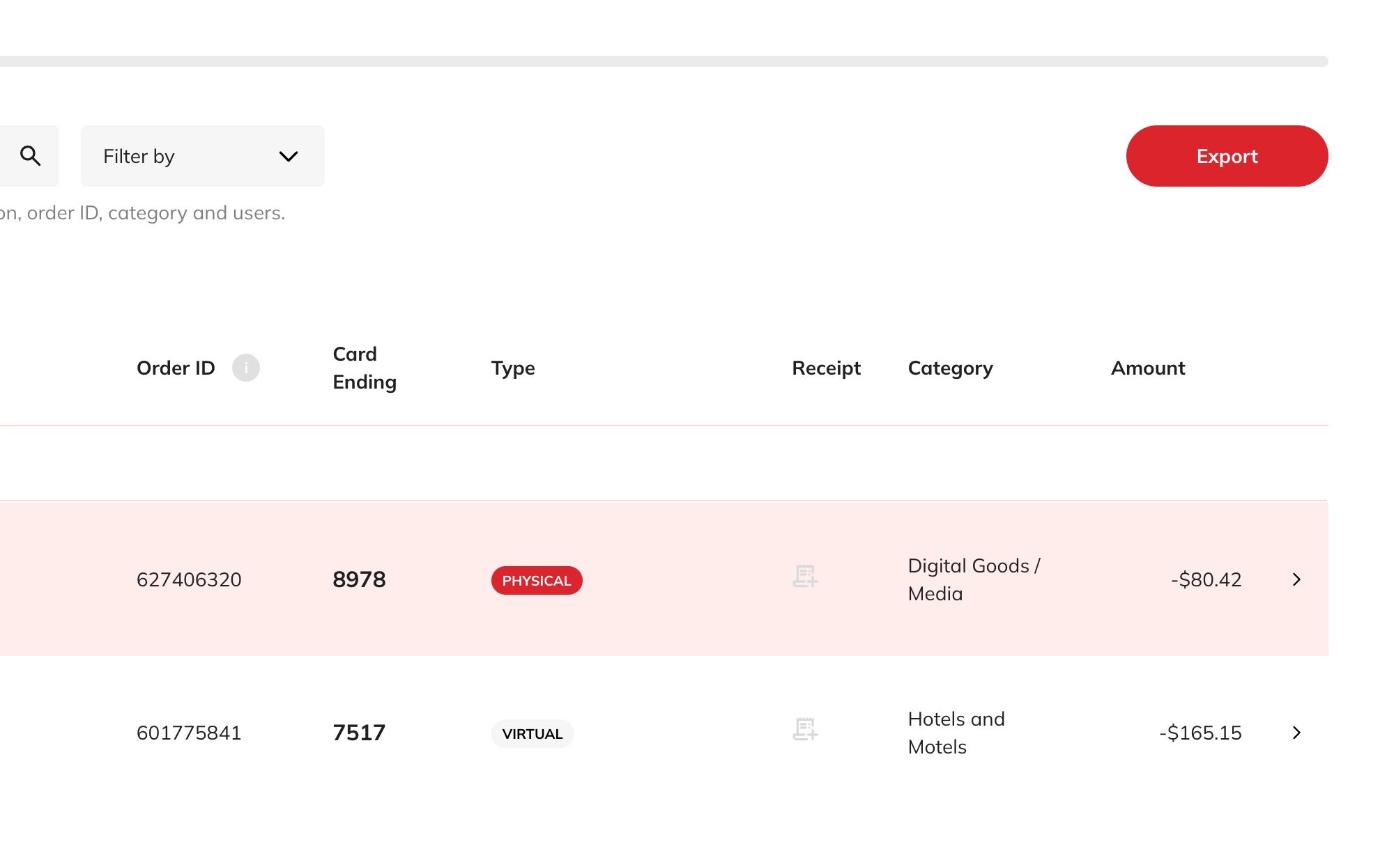 Transaction detail arrow screenshot