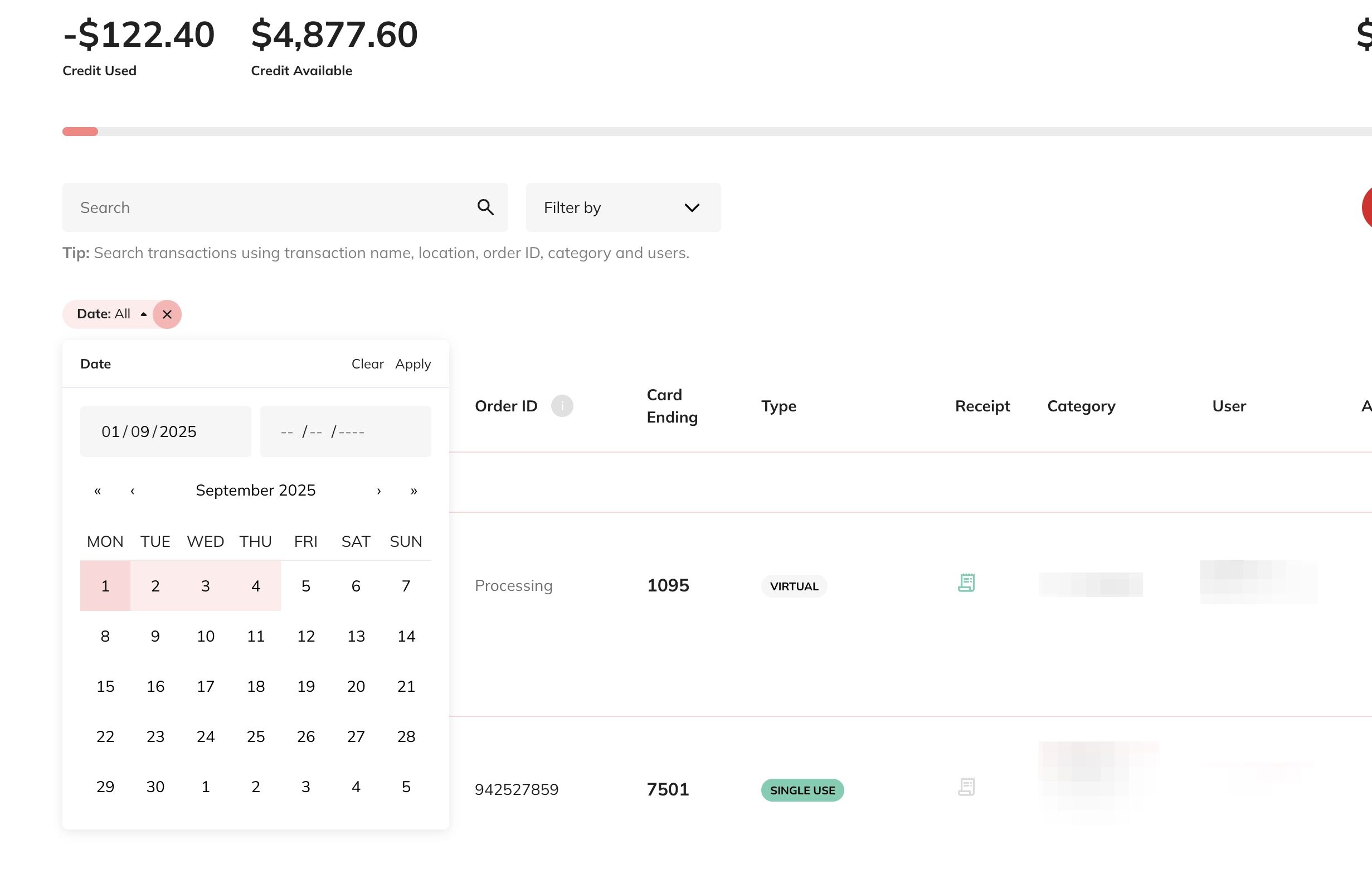Date filter screenshot