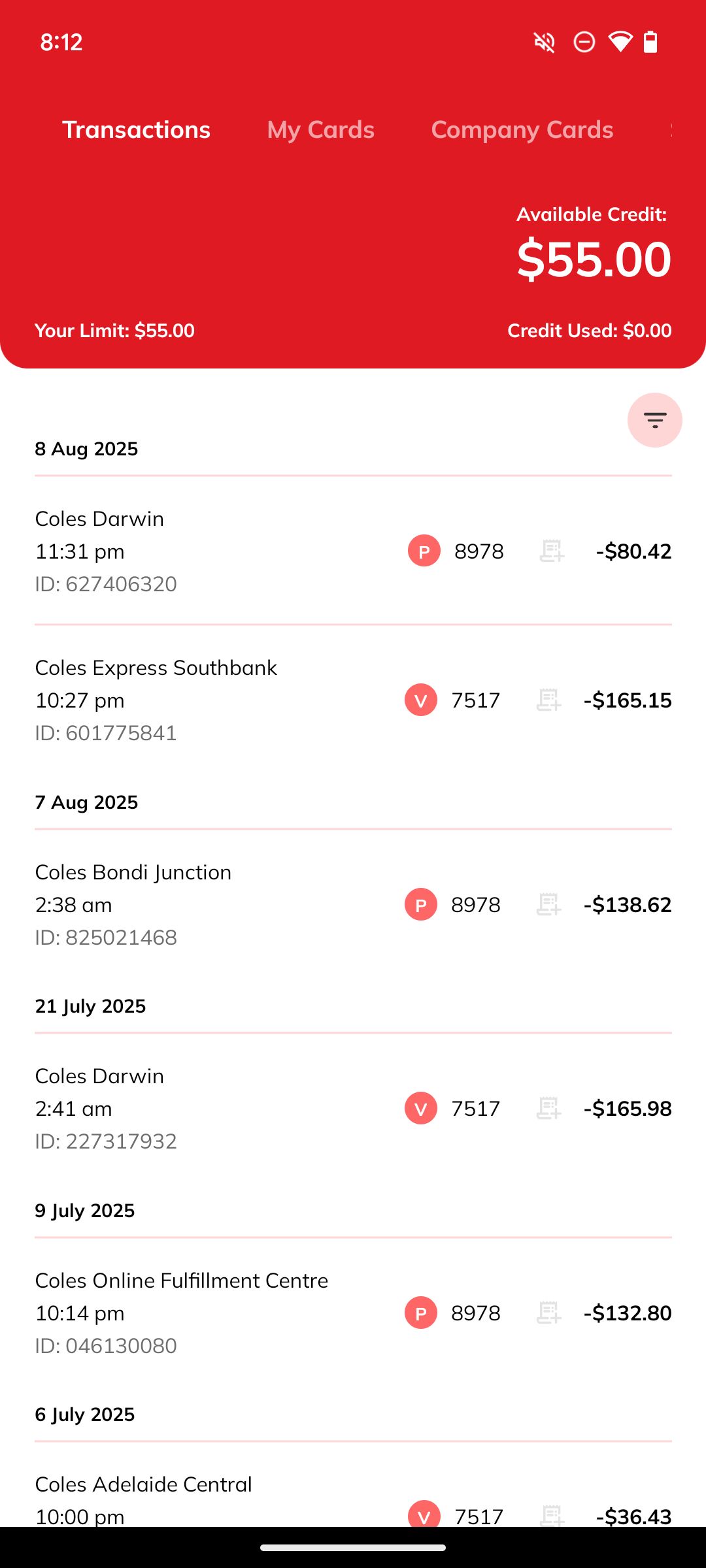 Transactions page