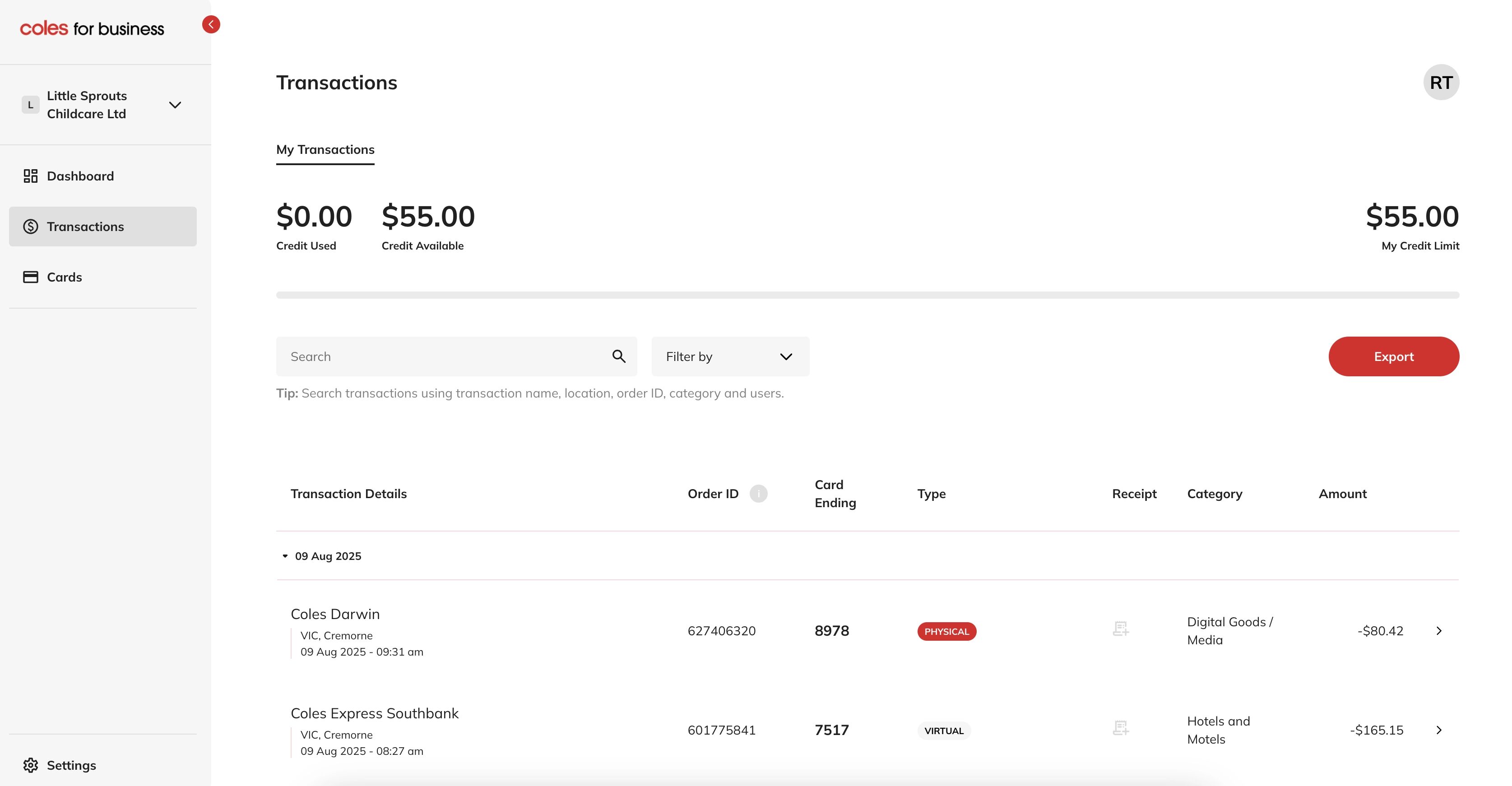 Transactions list screenshot