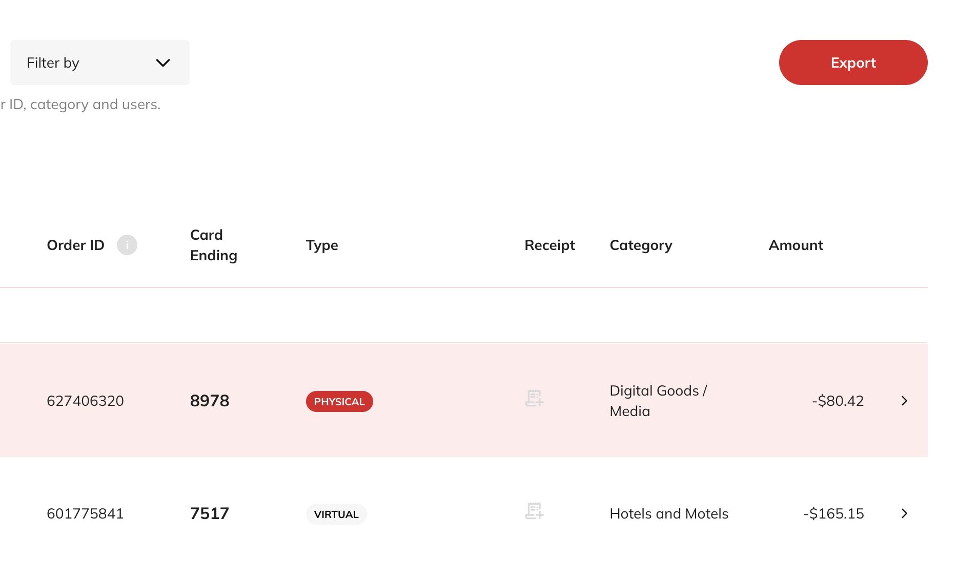 Open transaction screenshot