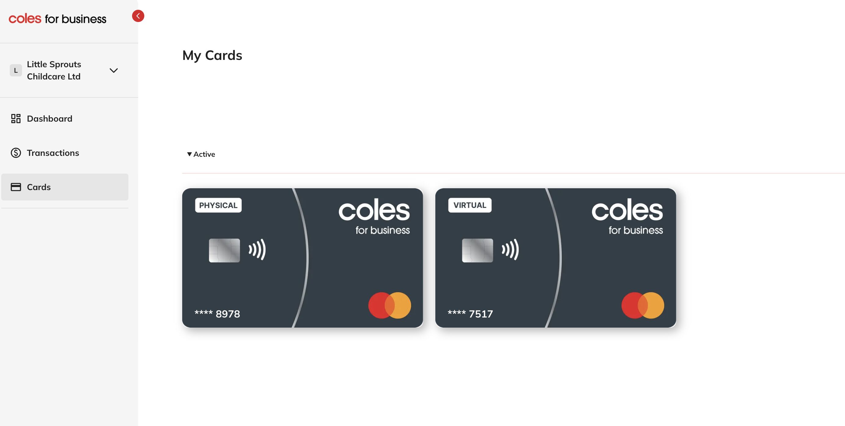 Cards page screenshot
