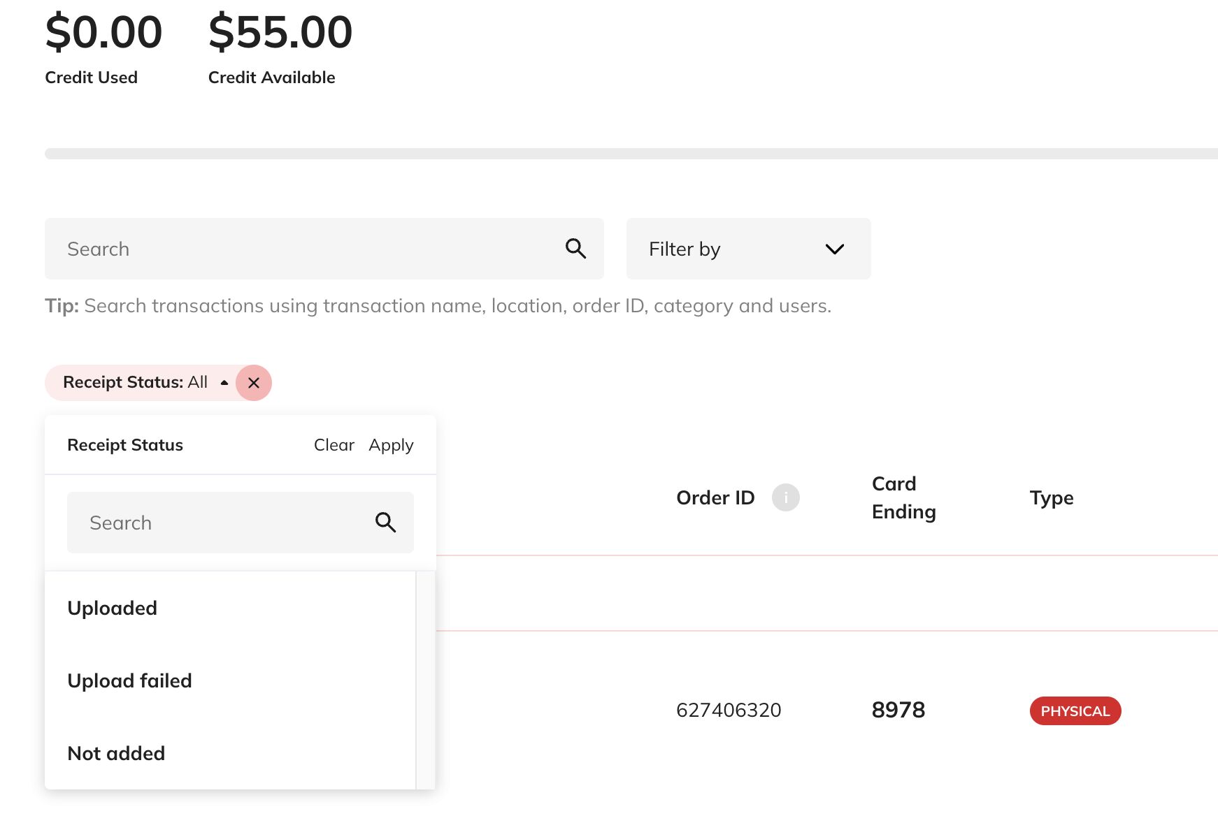 Receipt status filter screenshot