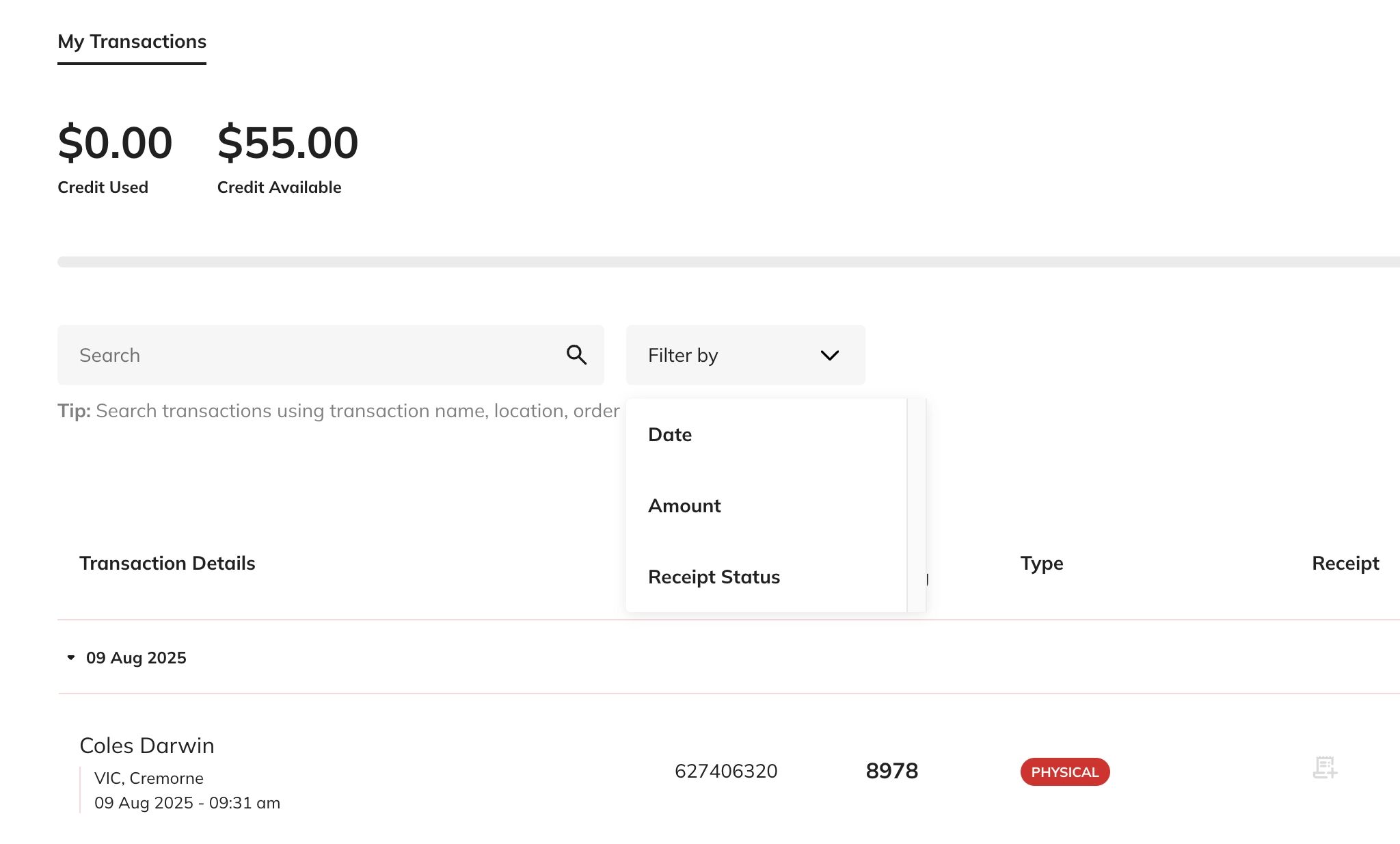 Transactions filters screenshot