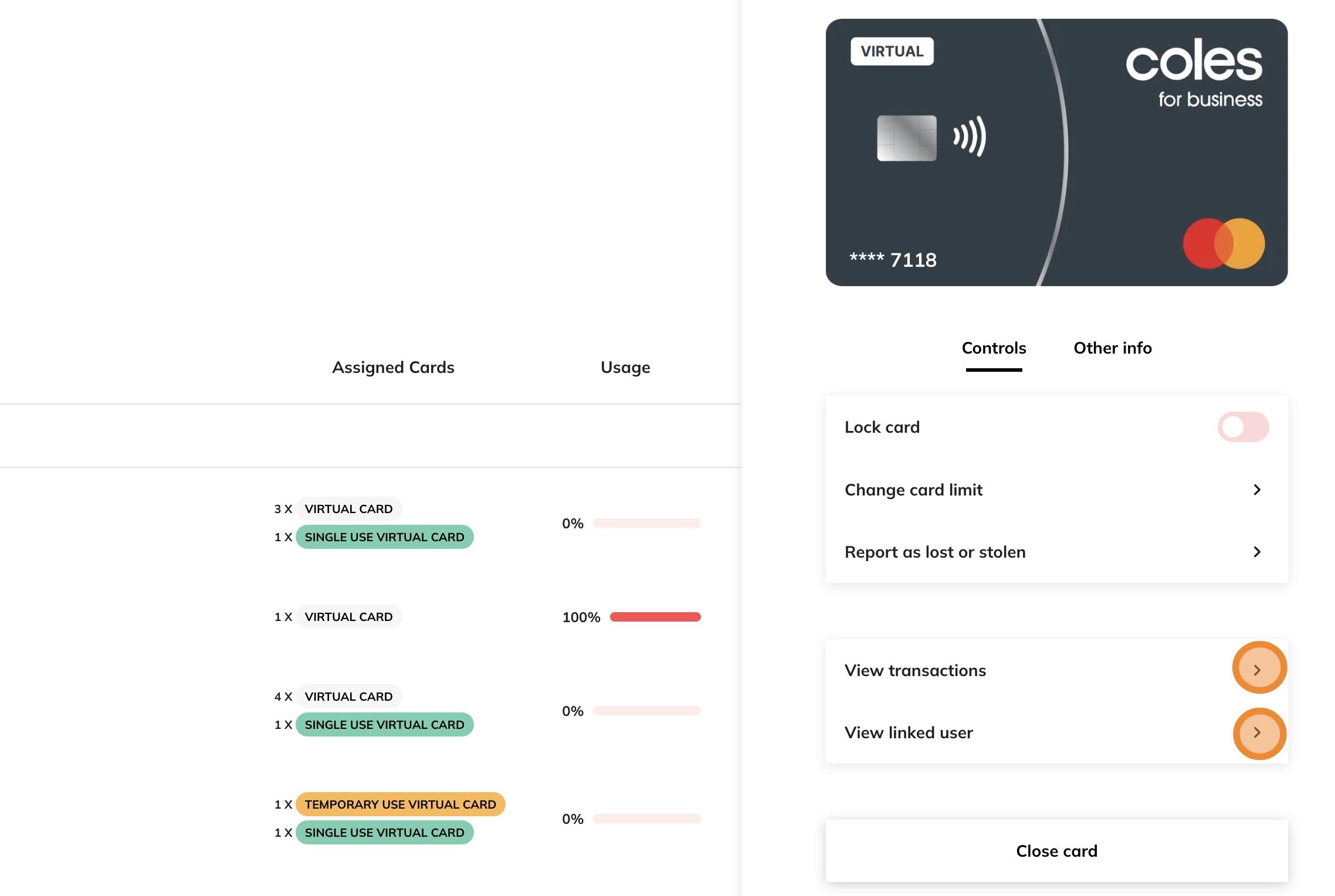 View transactions / linked user screenshot