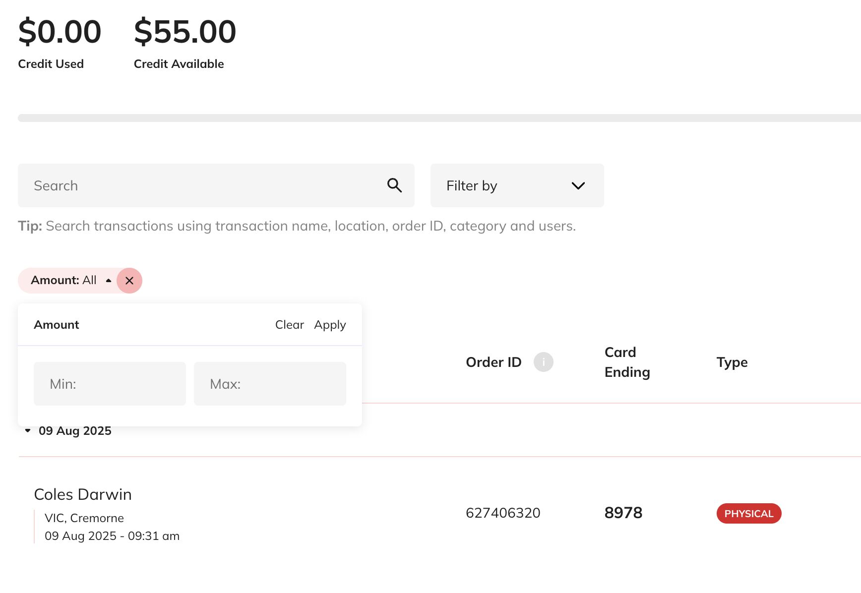 Amount filter screenshot