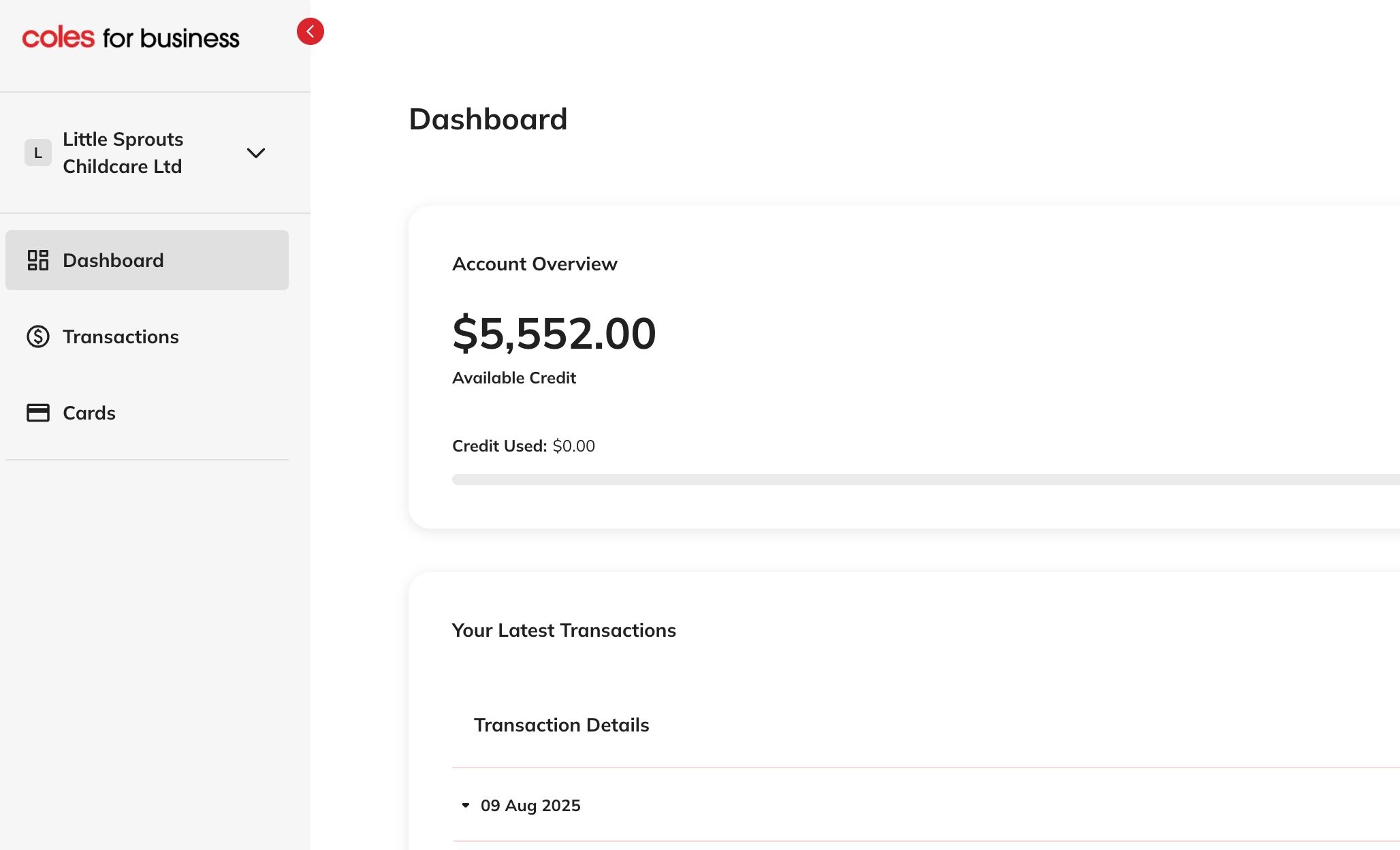Transactions menu screenshot