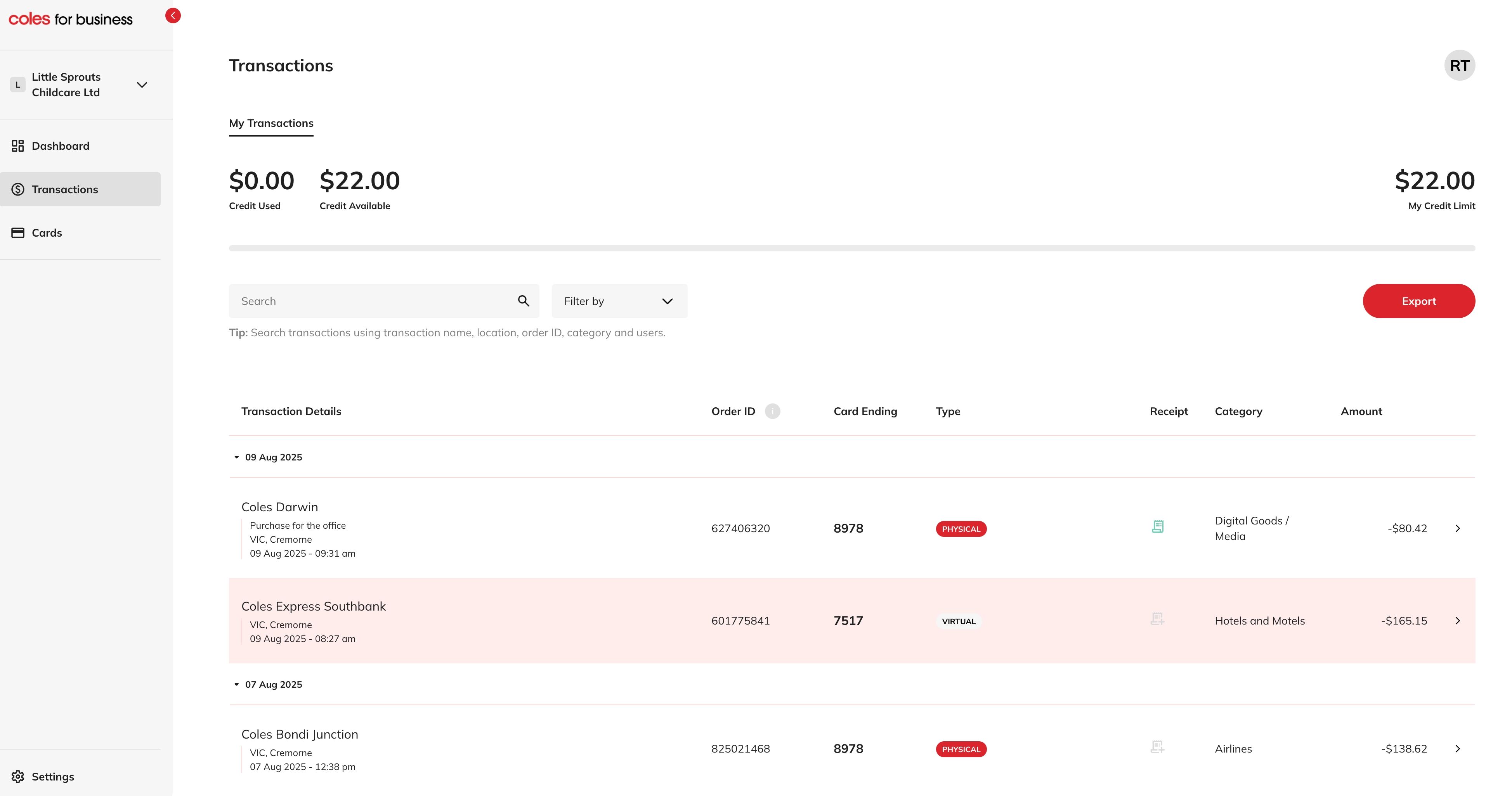 Select transaction screenshot
