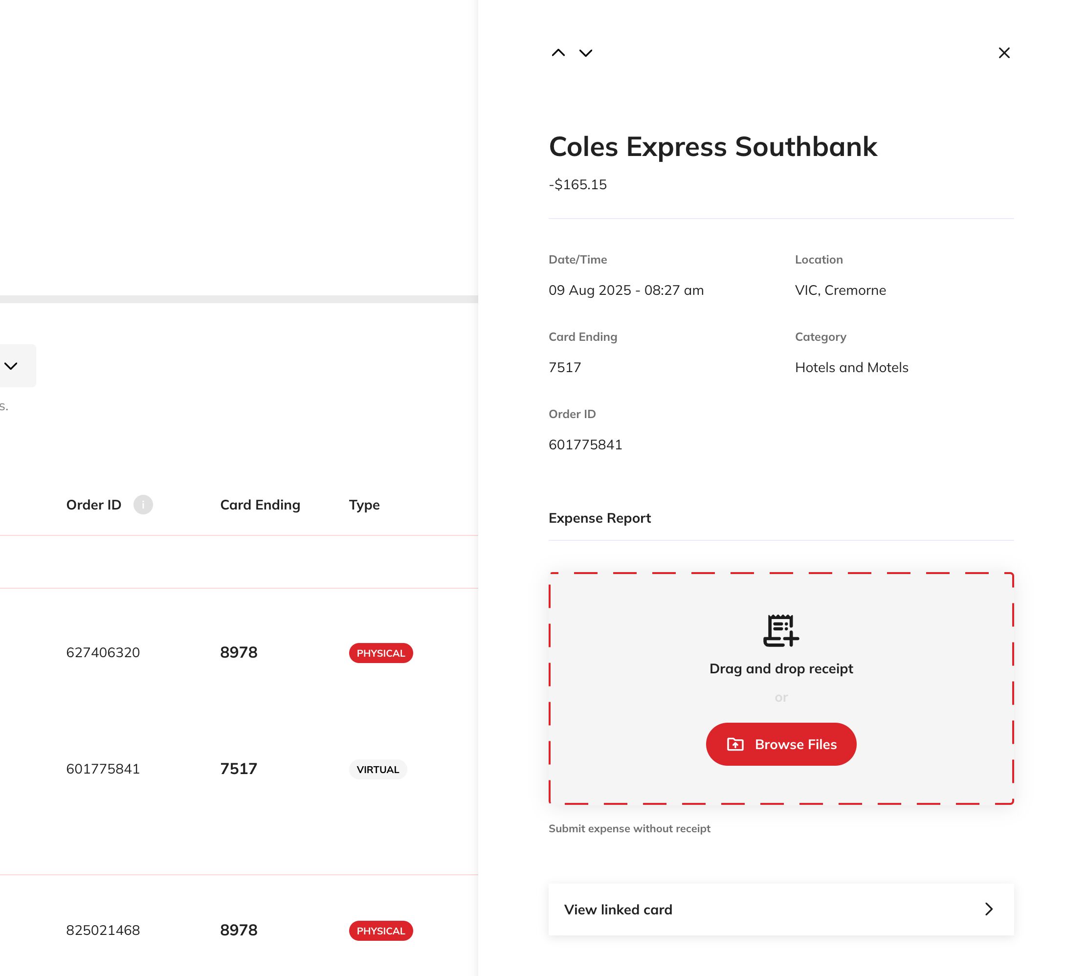 Upload receipt pop-out window screenshot