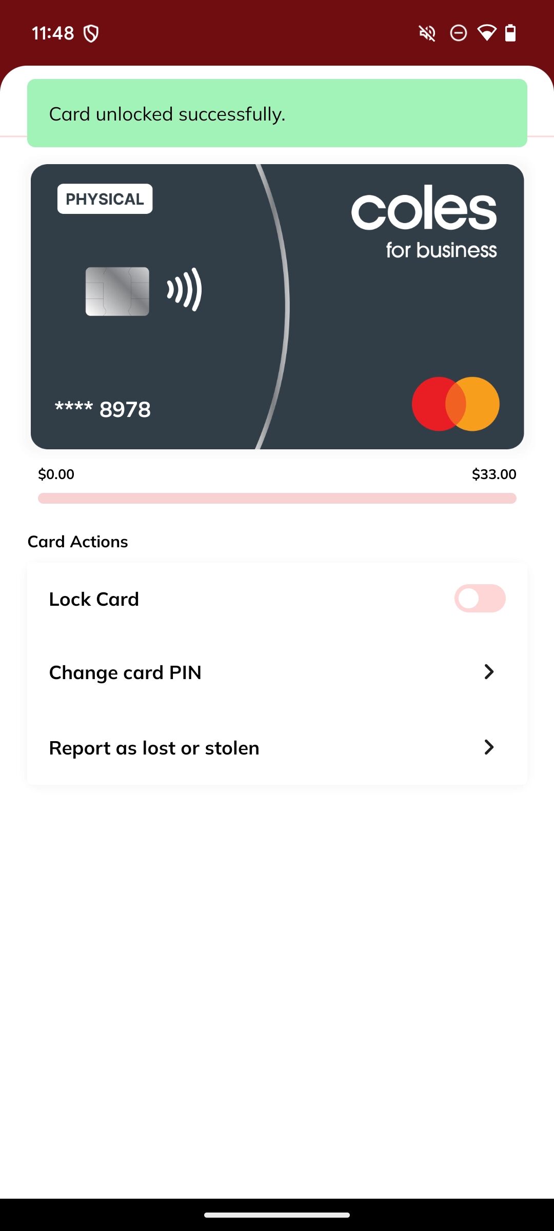 Card unlocked confirmation