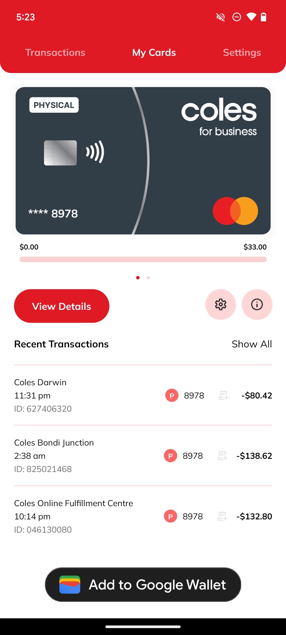Cards navigation screenshot