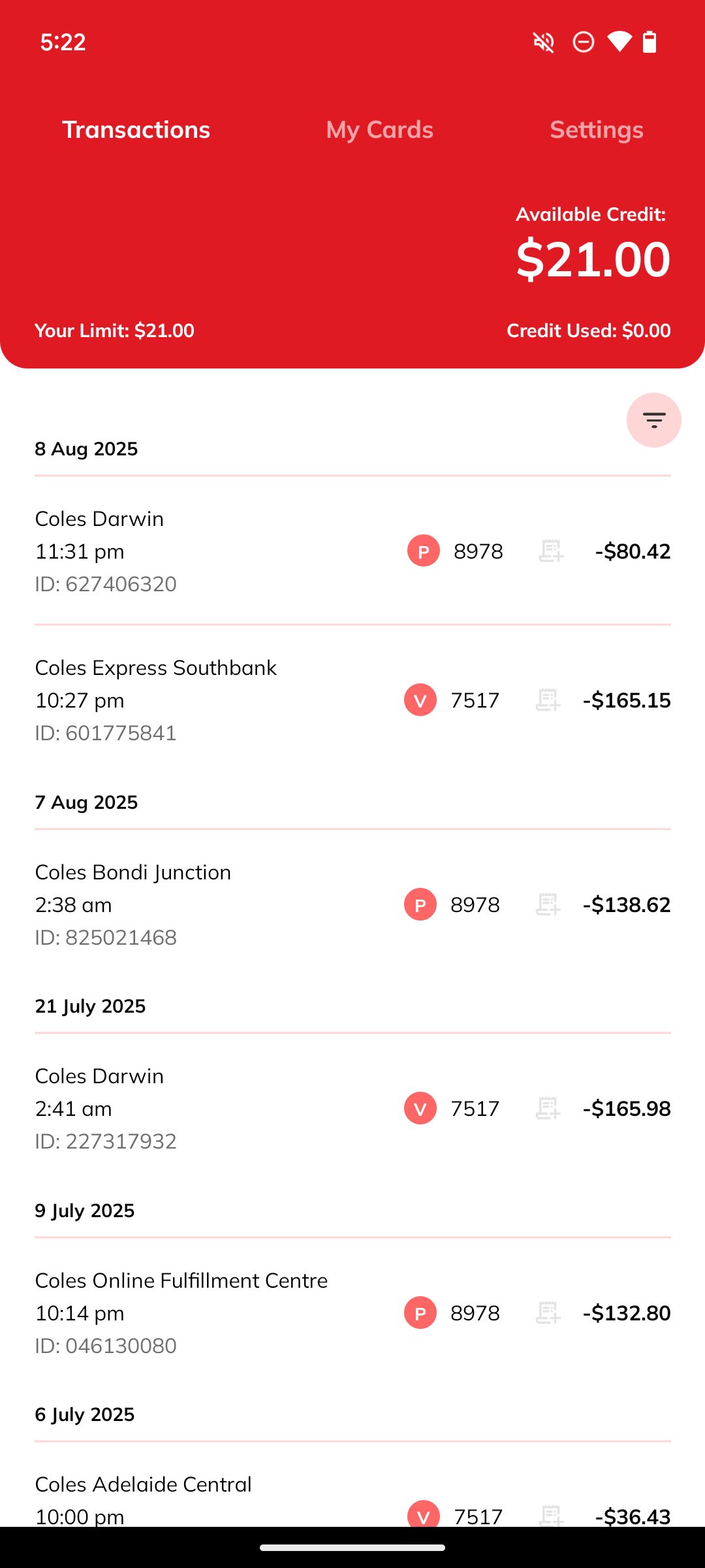 Transactions page