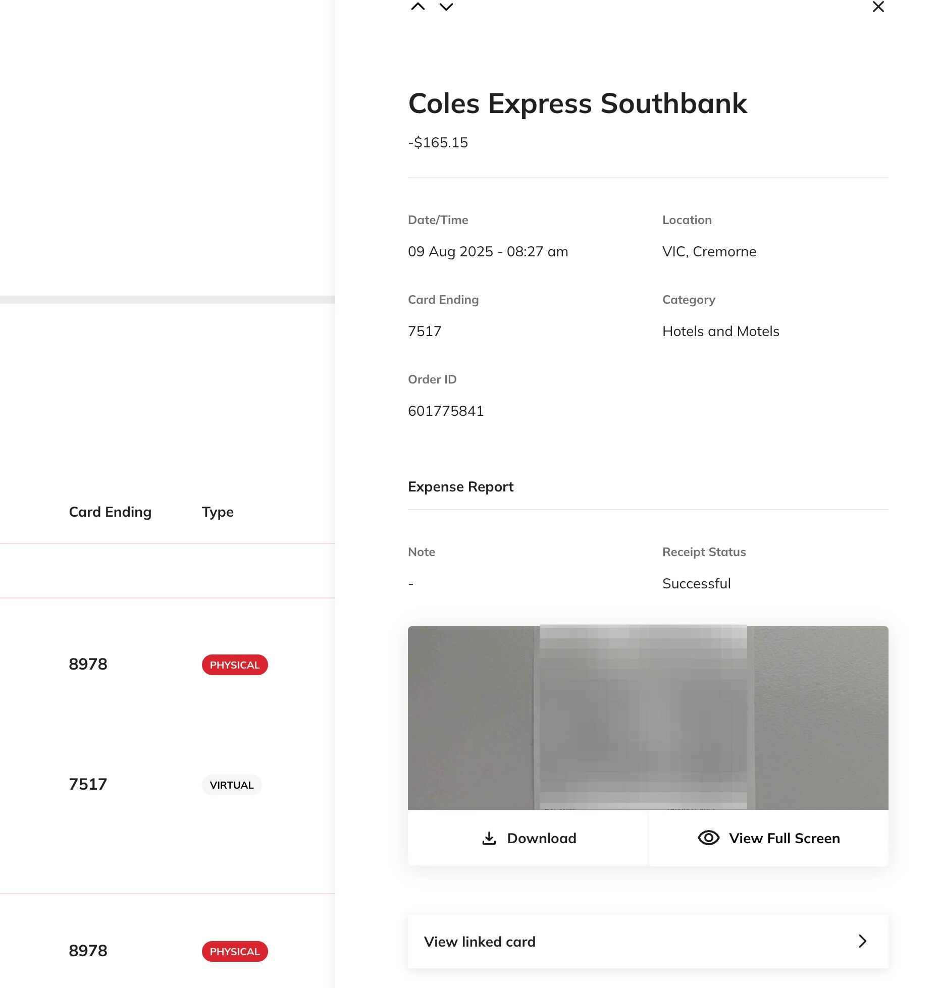 Receipt preview and download options screenshot