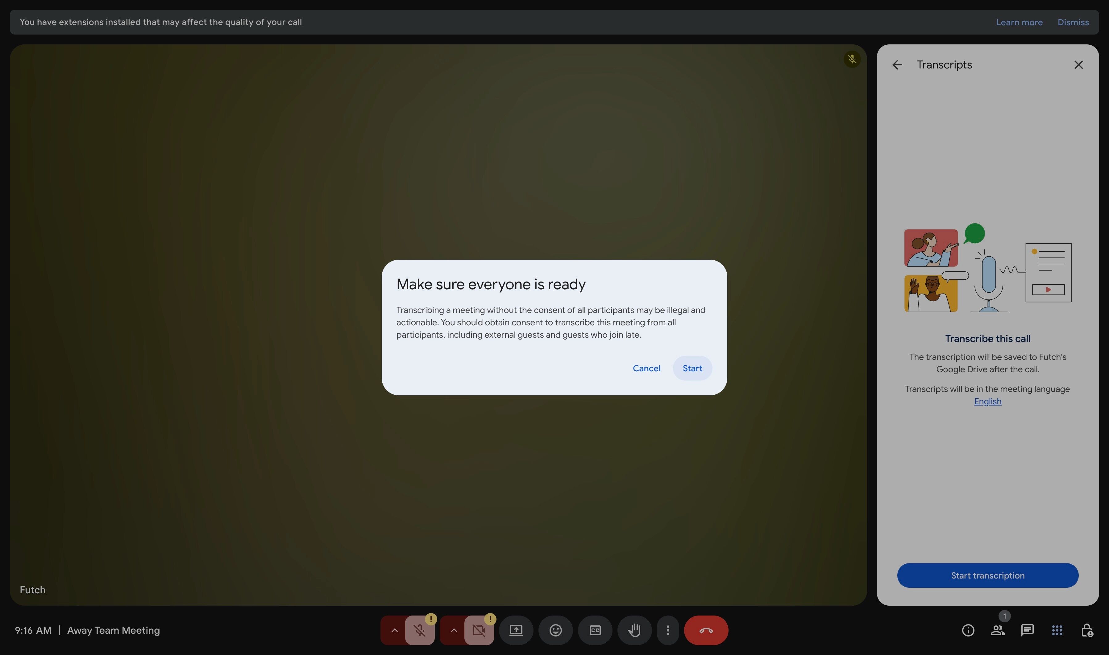 Dialog box reminding to get permission to transcribe