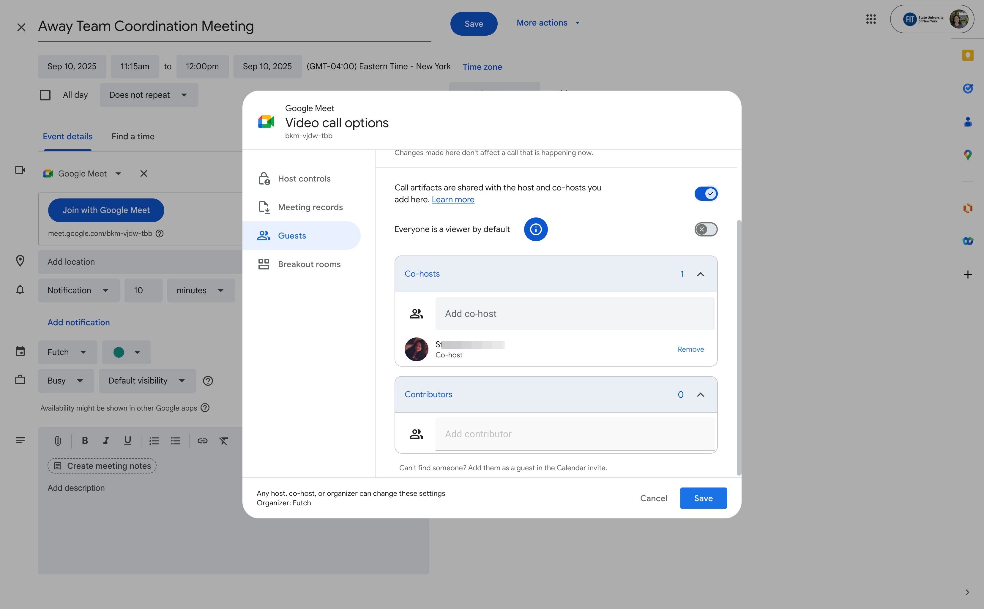 Call artifacts are shared with the host and co-host you add here. Toggled on.