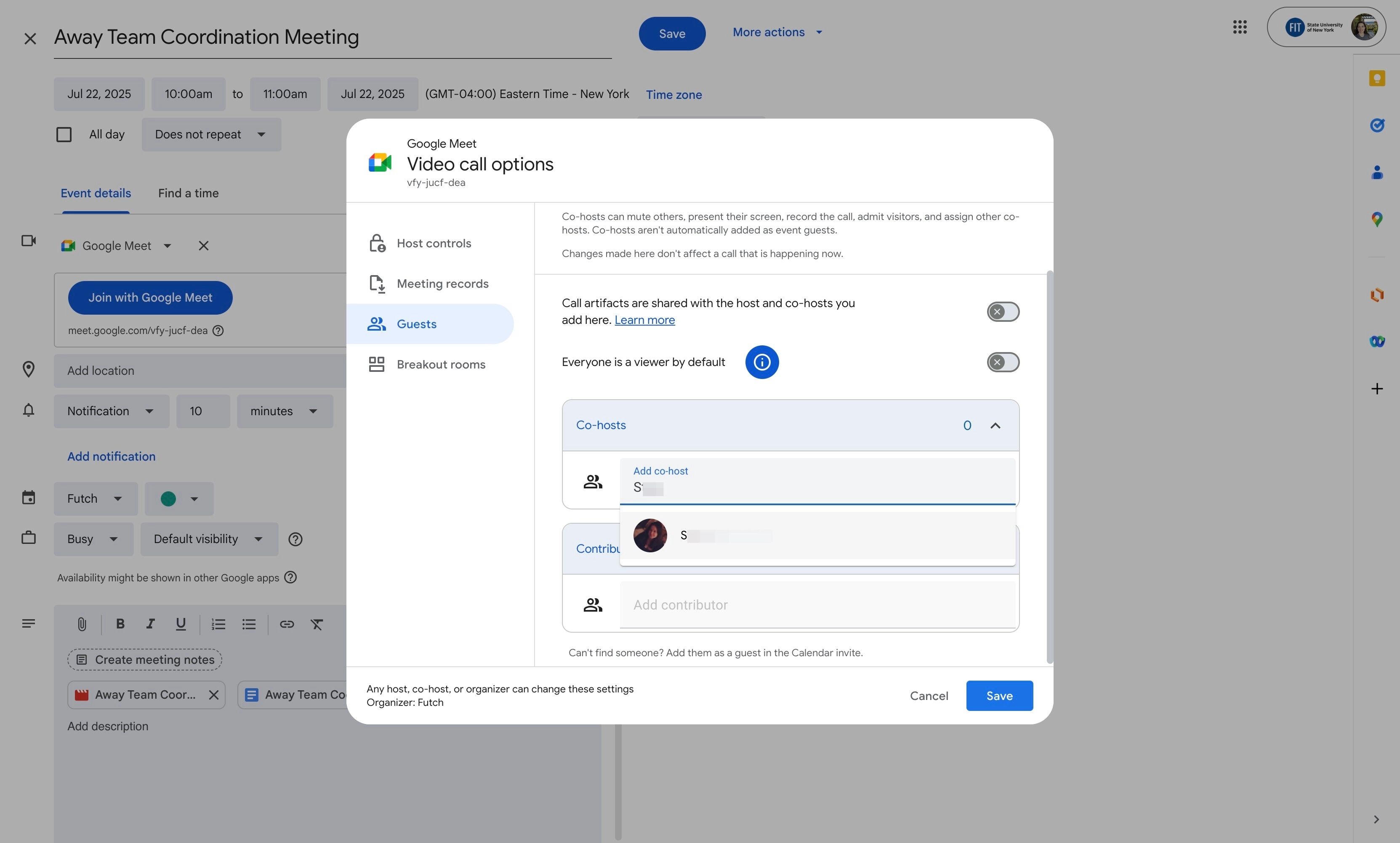 Cohost selected from drop-down menu