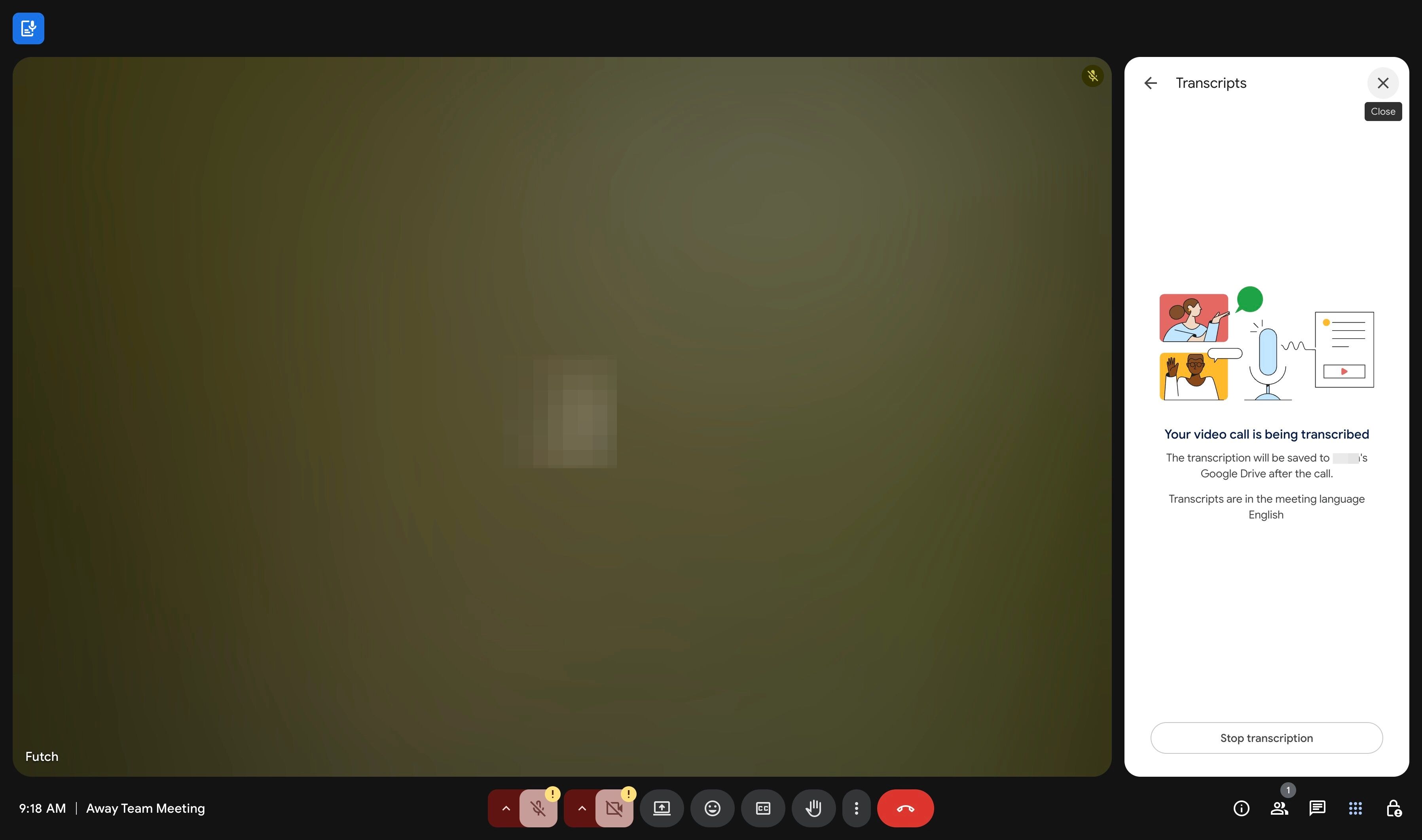 Video is being transcribed box showing where transcription will be saved