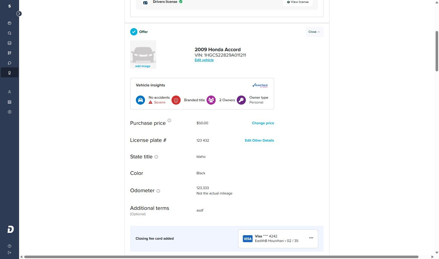 Deal overview showing purchase price with Change price option highlighted