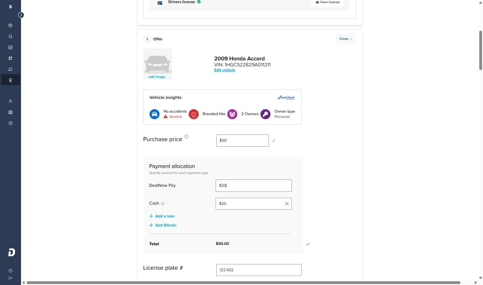Payment allocation screen showing split between DealNow Pay and Cash