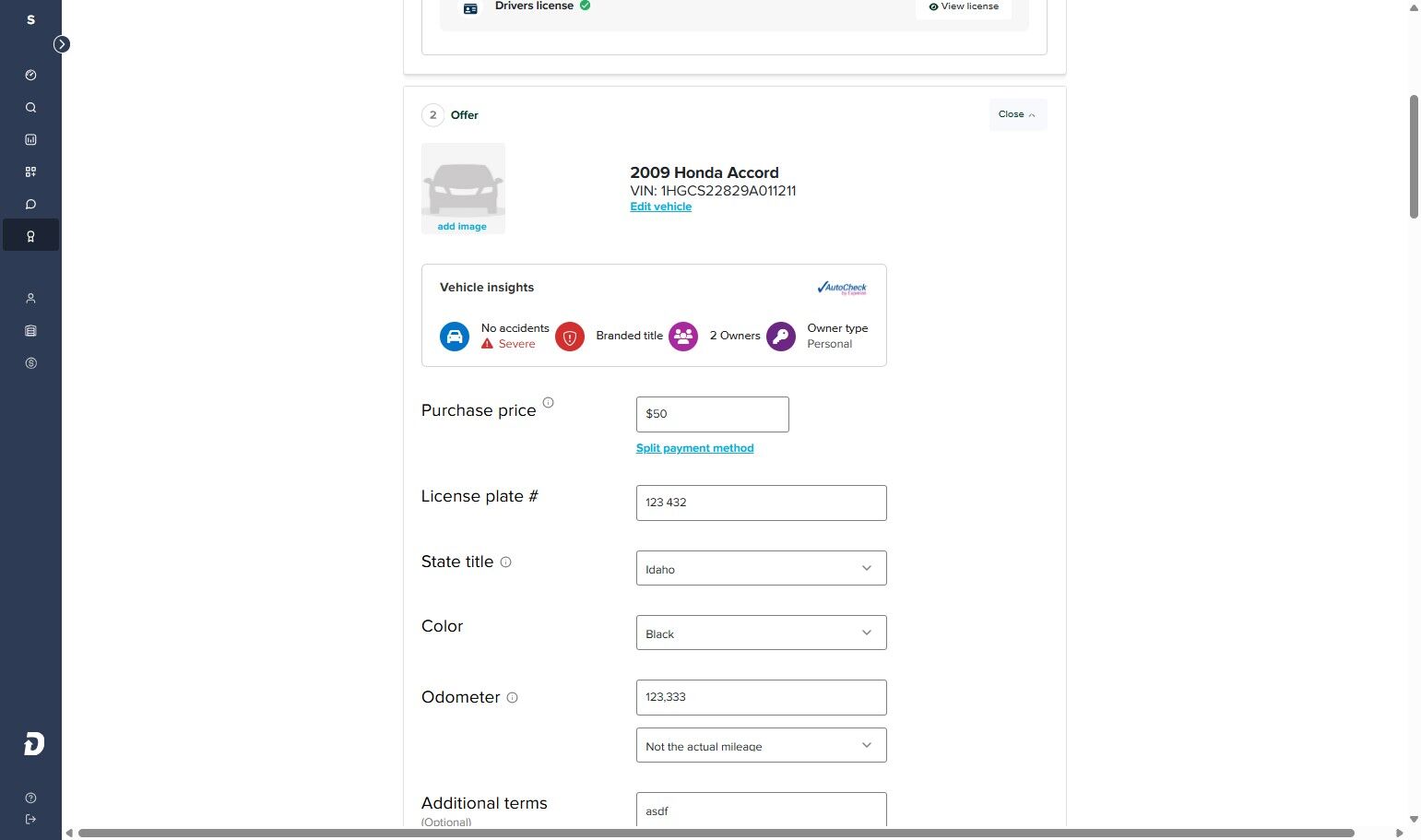 Purchase price editing screen showing Split payment method option