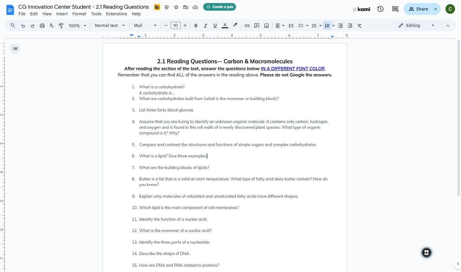  A digital document titled "2.1 Reading Questions—Carbon & Macromolecules" with a list of questions related to carbohydrates, lipids, nucleic acids, and their structures and functions. 