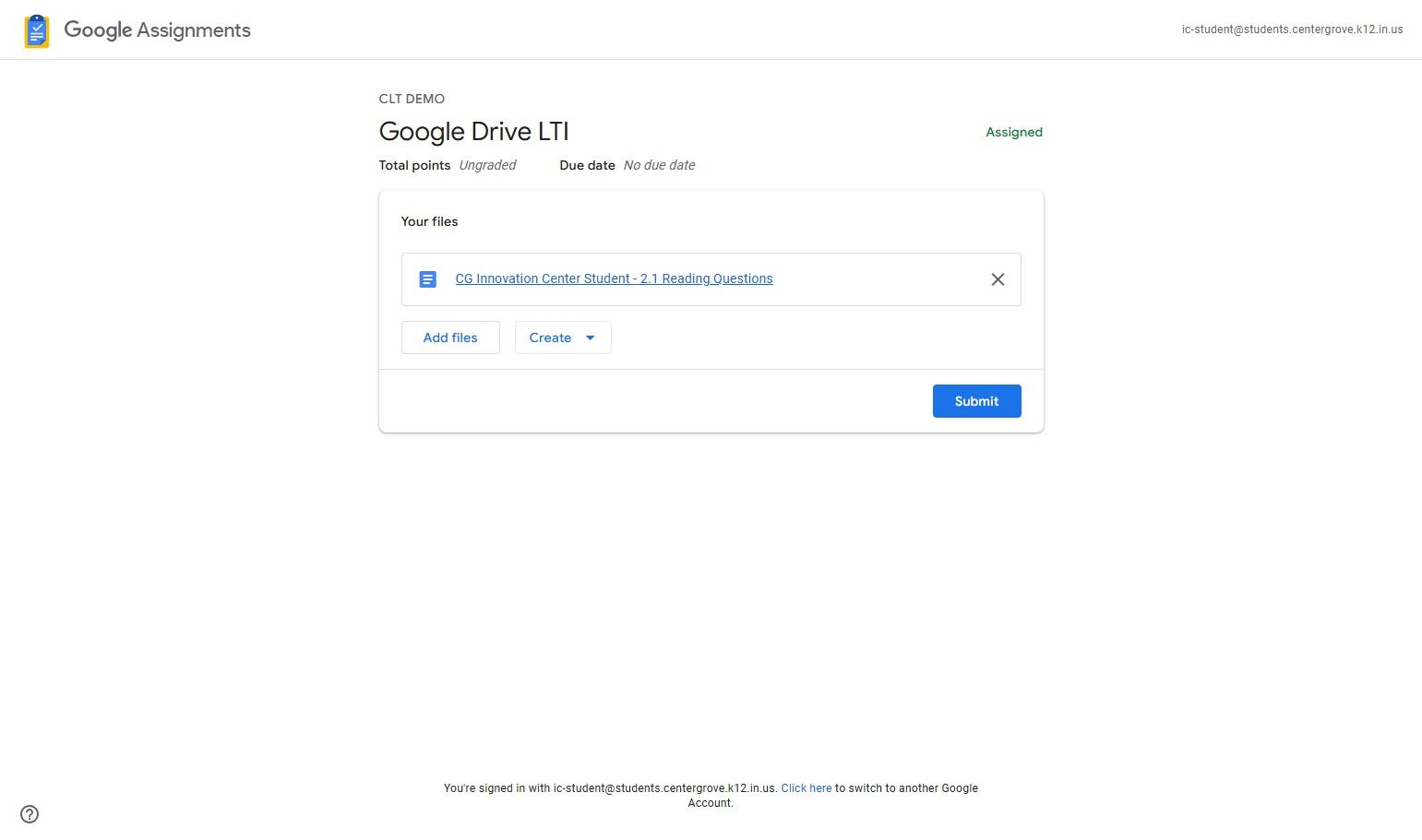 Google Assignments interface showing an ungraded task in Google Drive LTI. A document titled "OC Innovation Center Student - 2.1 Reading Questions" is ready to submit.