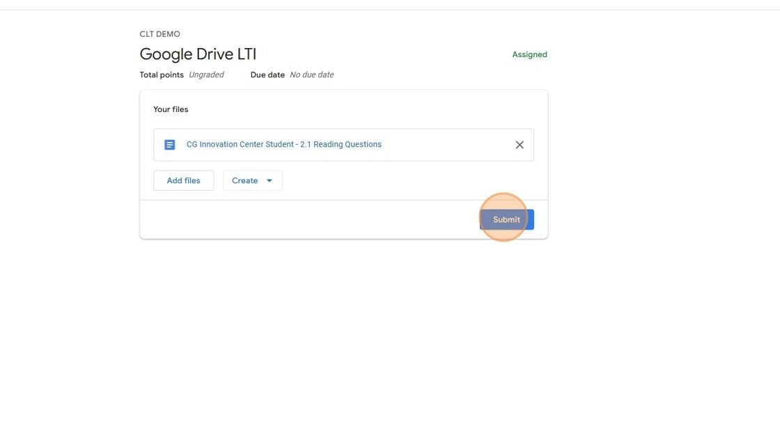 Screenshot of a Google Drive LTI page. It shows an assignment titled 'CG Innovation Center Student - 2.1 Reading Questions' ready to be submitted. The 'Submit' button is highlighted in orange, indicating a call to action.
